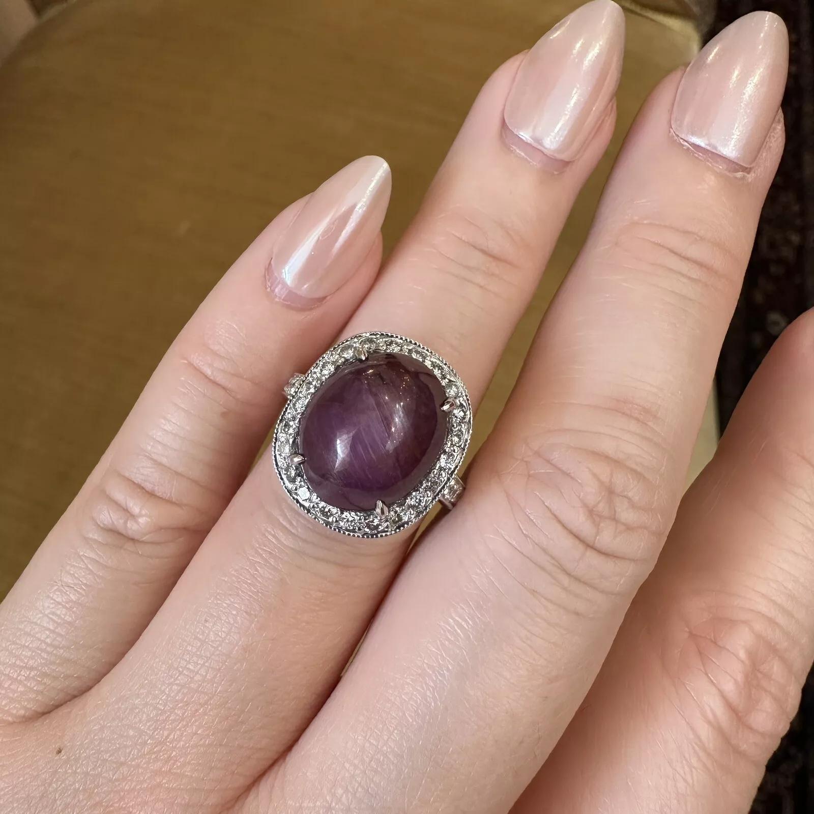 Cabochon Oval Star Ruby 17.83 carat and Diamond Halo Ring in 18k White Gold For Sale