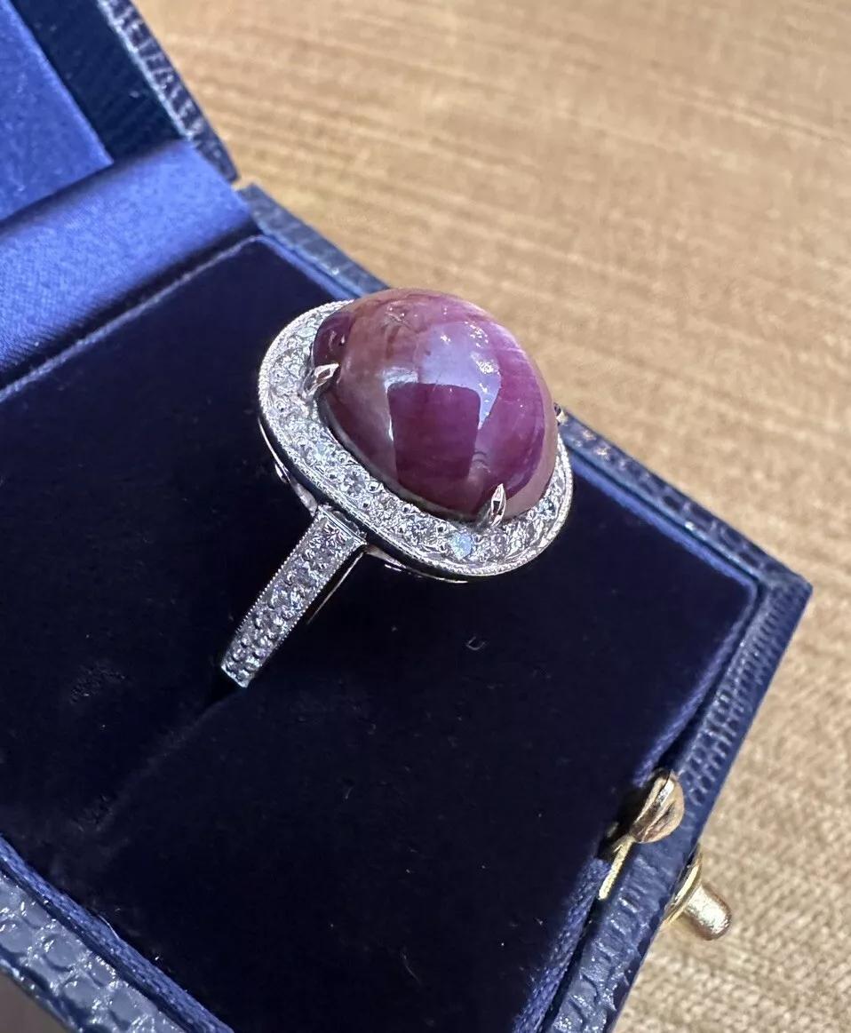 Oval Star Ruby 17.83 carat and Diamond Halo Ring in 18k White Gold In Excellent Condition For Sale In La Jolla, CA