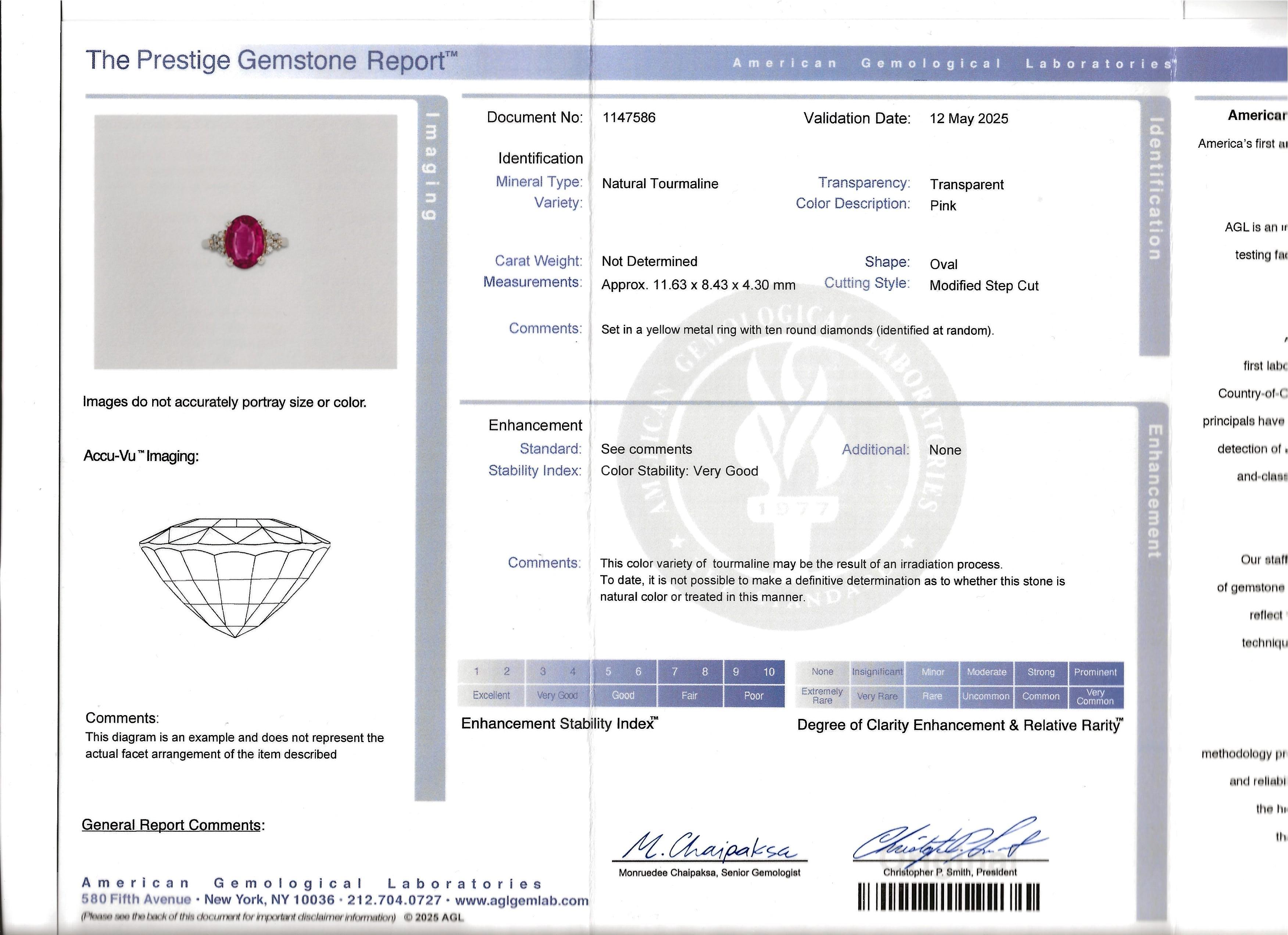 Oval Step Cut Pink Tourmaline and Cluster Diamond Ring in 14 Karat Yellow Gold For Sale 8