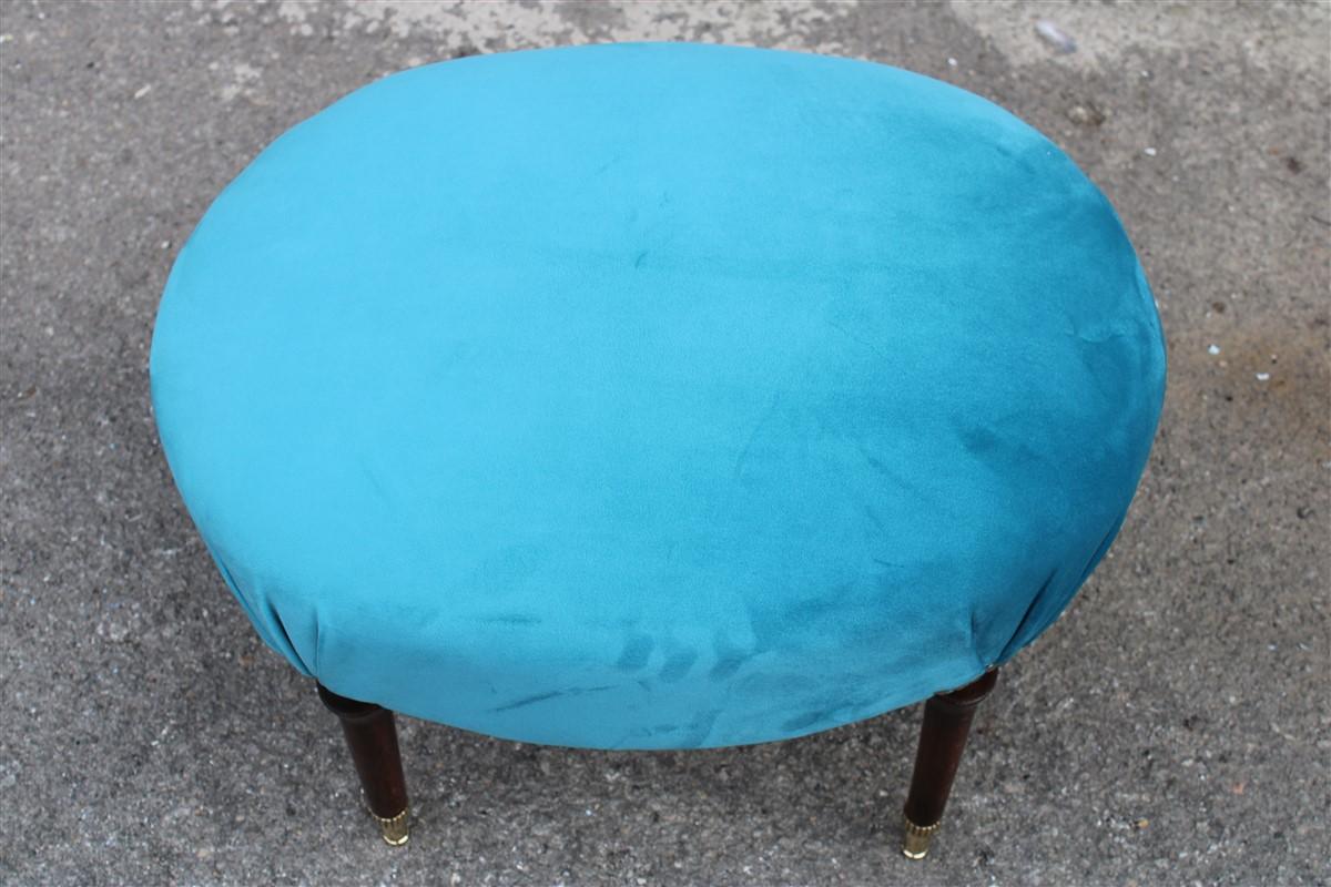 Mid-20th Century Oval Stool in Blue Velvet with Walnut and Brass Mid-century italian design 1950s For Sale