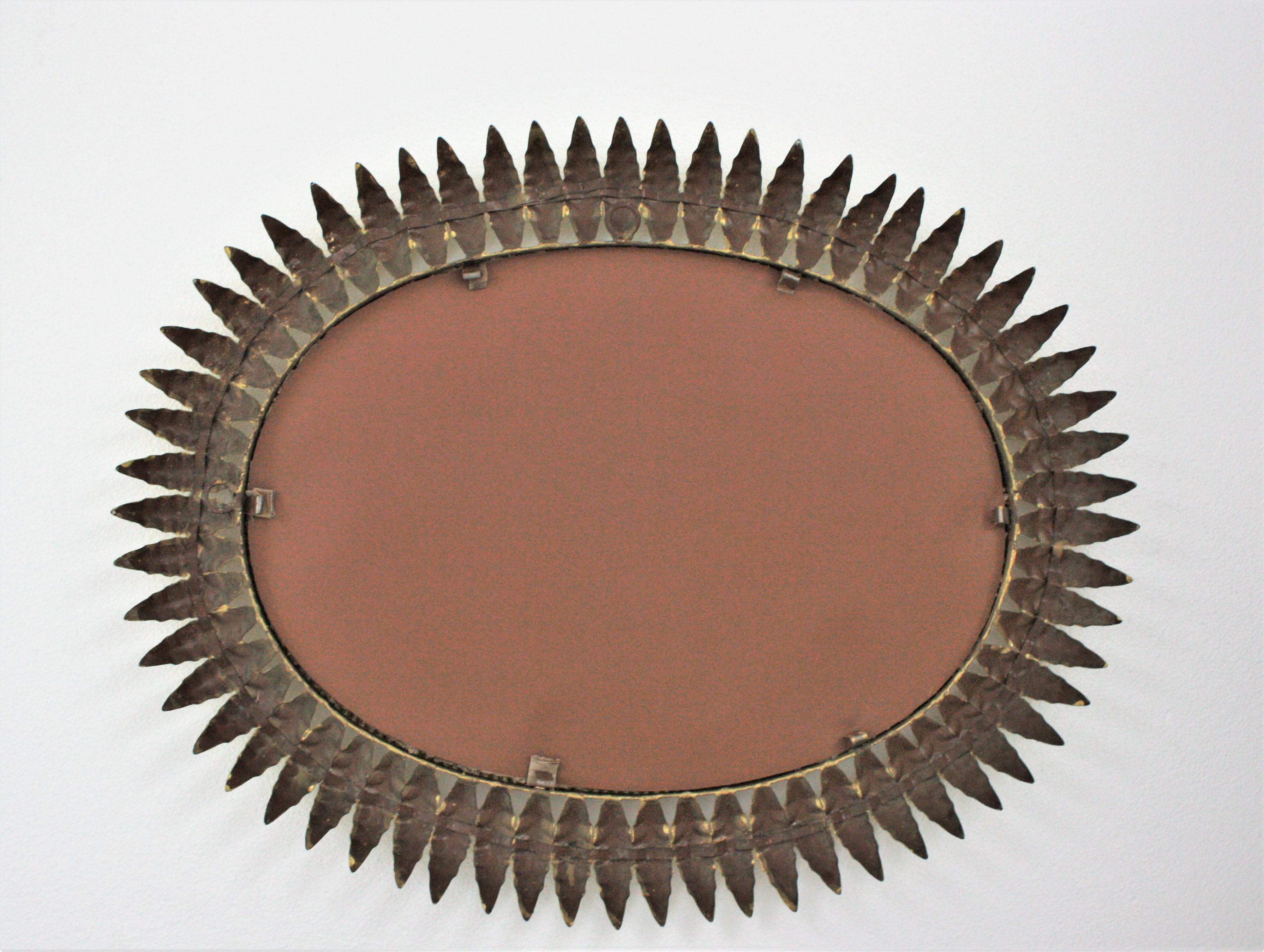 1960s Spanish Sunburst Oval Mirror, Gilt Iron For Sale 3