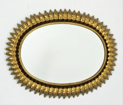 1960s Spanish Sunburst Oval Mirror, Gilt Iron