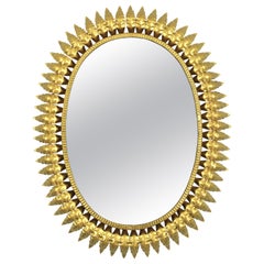 1960s Spanish Sunburst Oval Mirror, Gilt Iron