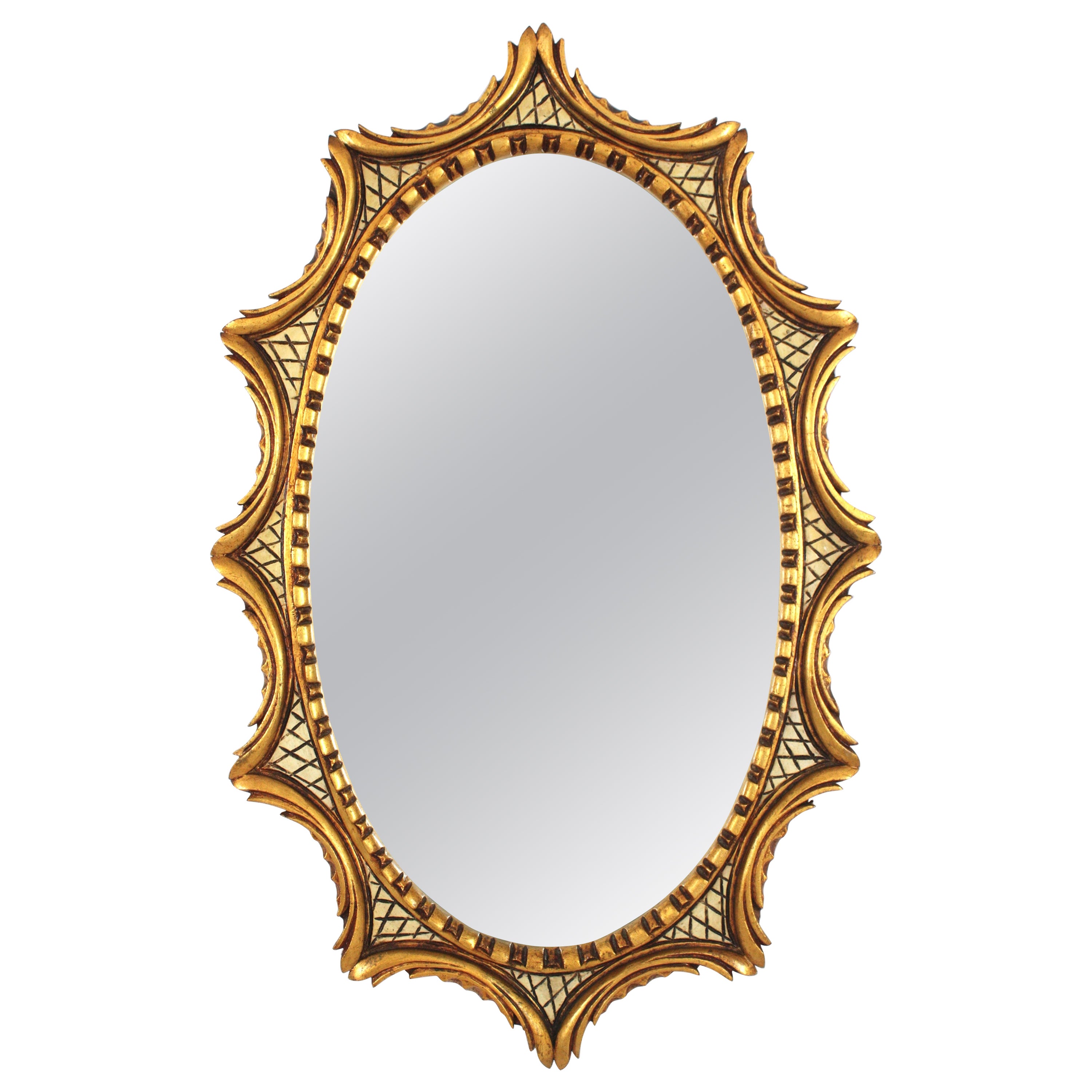 Oval Sunburst Mirror in Gilt & Beige Carved Wood, Spain 1950s