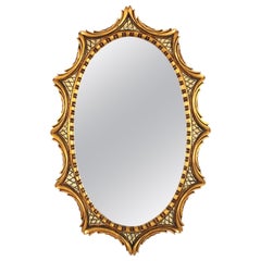 Oval Sunburst Mirror in Gilt & Beige Carved Wood, Spain 1950s
