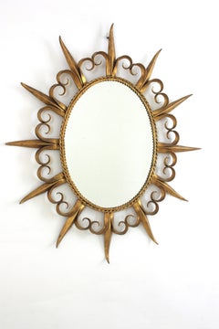 Oval Sunburst Mirror in Gilt Iron with Eyelash Details, Spain 1950s
