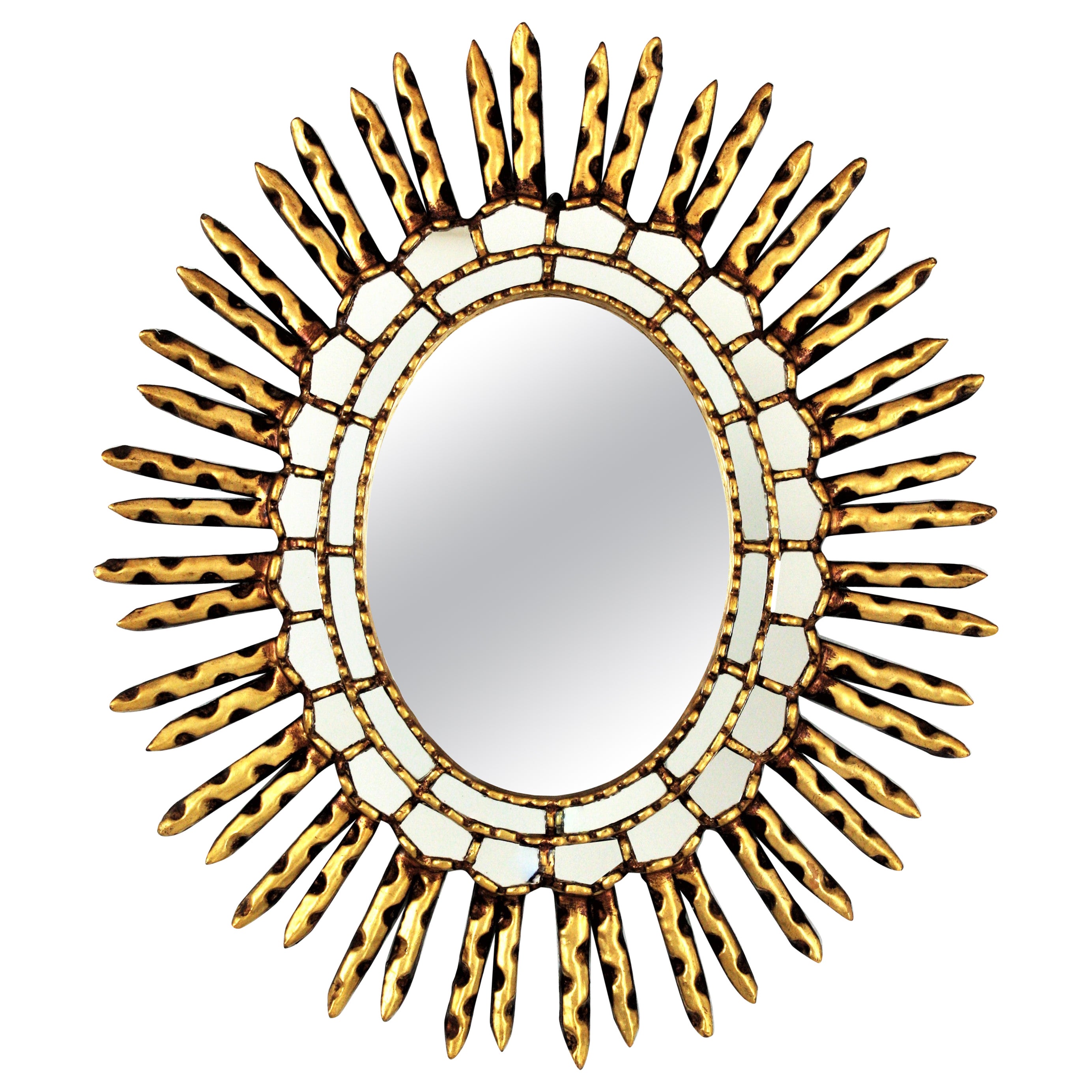 Oval Sunburst Mirror in Giltwood with Mirror Insets, Spanish Colonial, 1950s