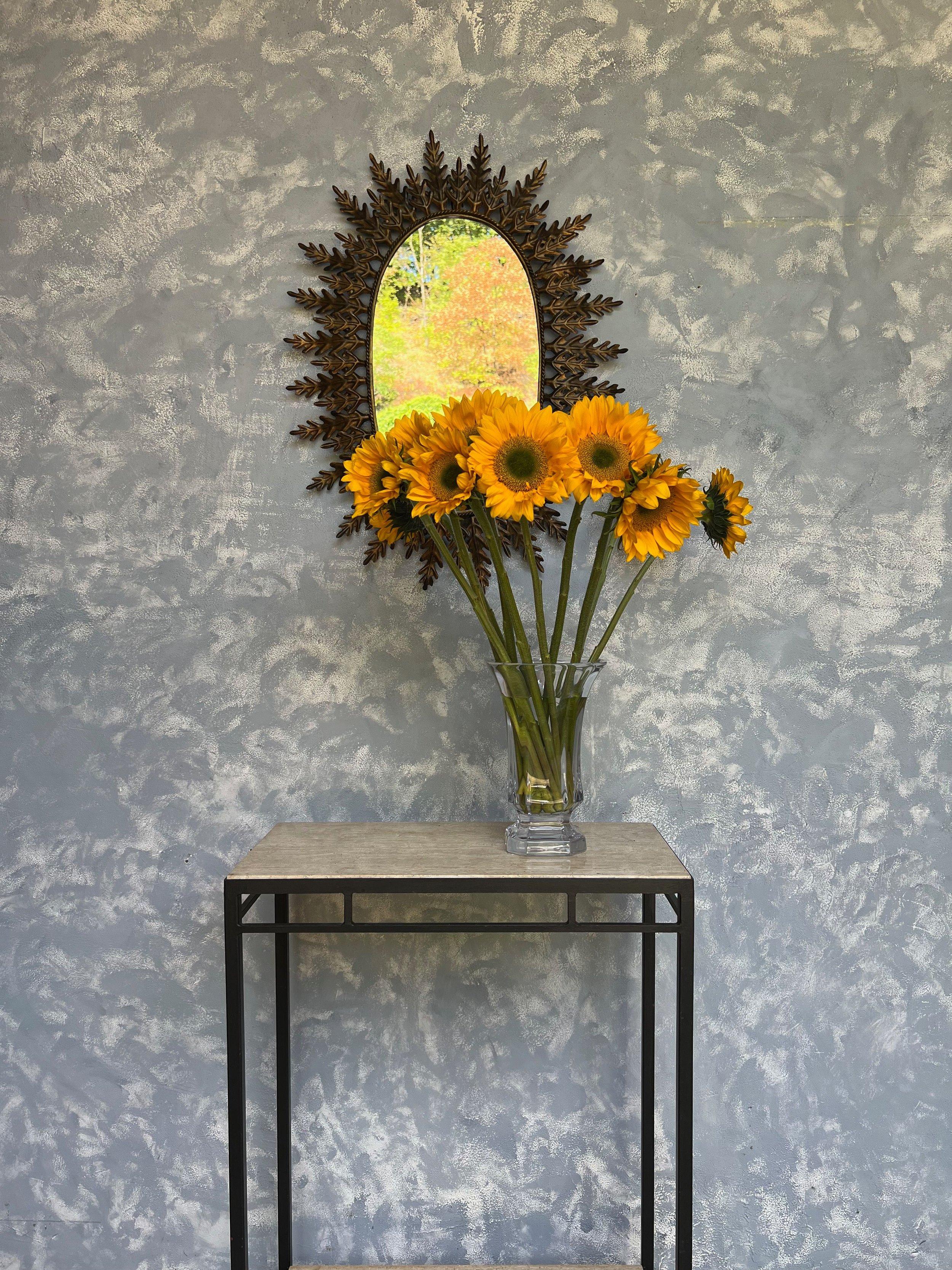 Mid-Century Modern Oval Sunburst Mirror with Alternating Leaves For Sale