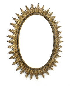 Oval Sunburst Mirror with Foliage Frame, Gilt Metal, 1960s