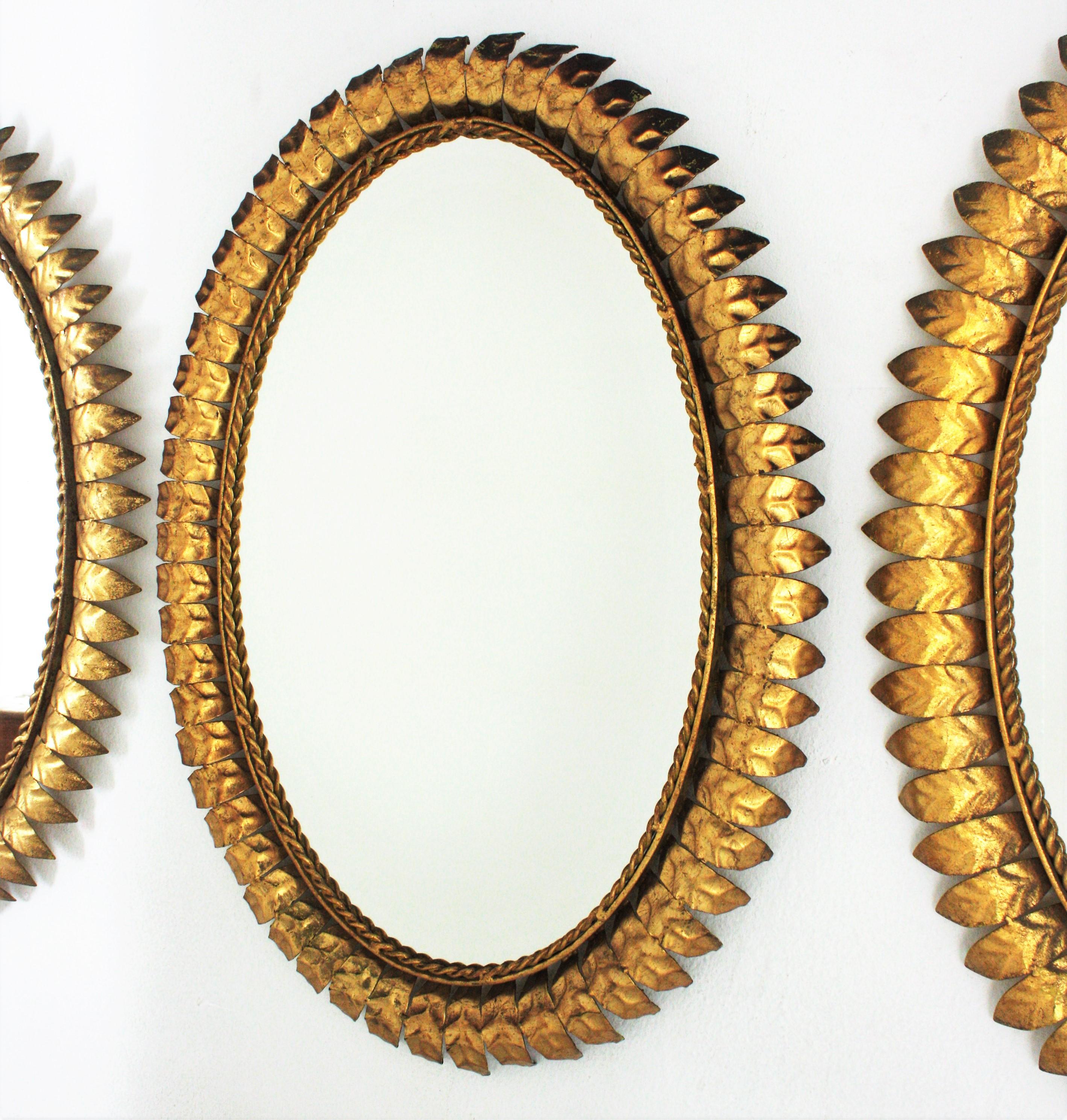 Sunburst Oval Mirrors in Gilt Metal, Set of Three For Sale at 1stDibs