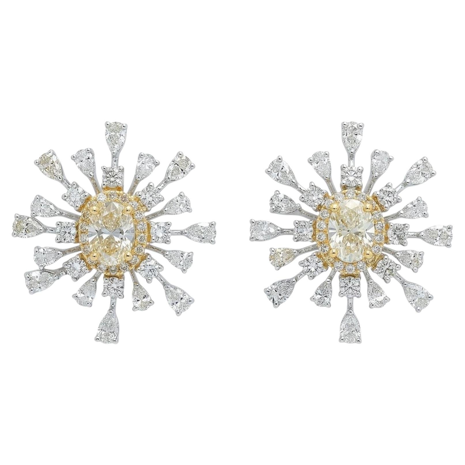 Oval Sunburst Natural Diamond Cluster Earrings in 14K Solid Gold (Certified) For Sale