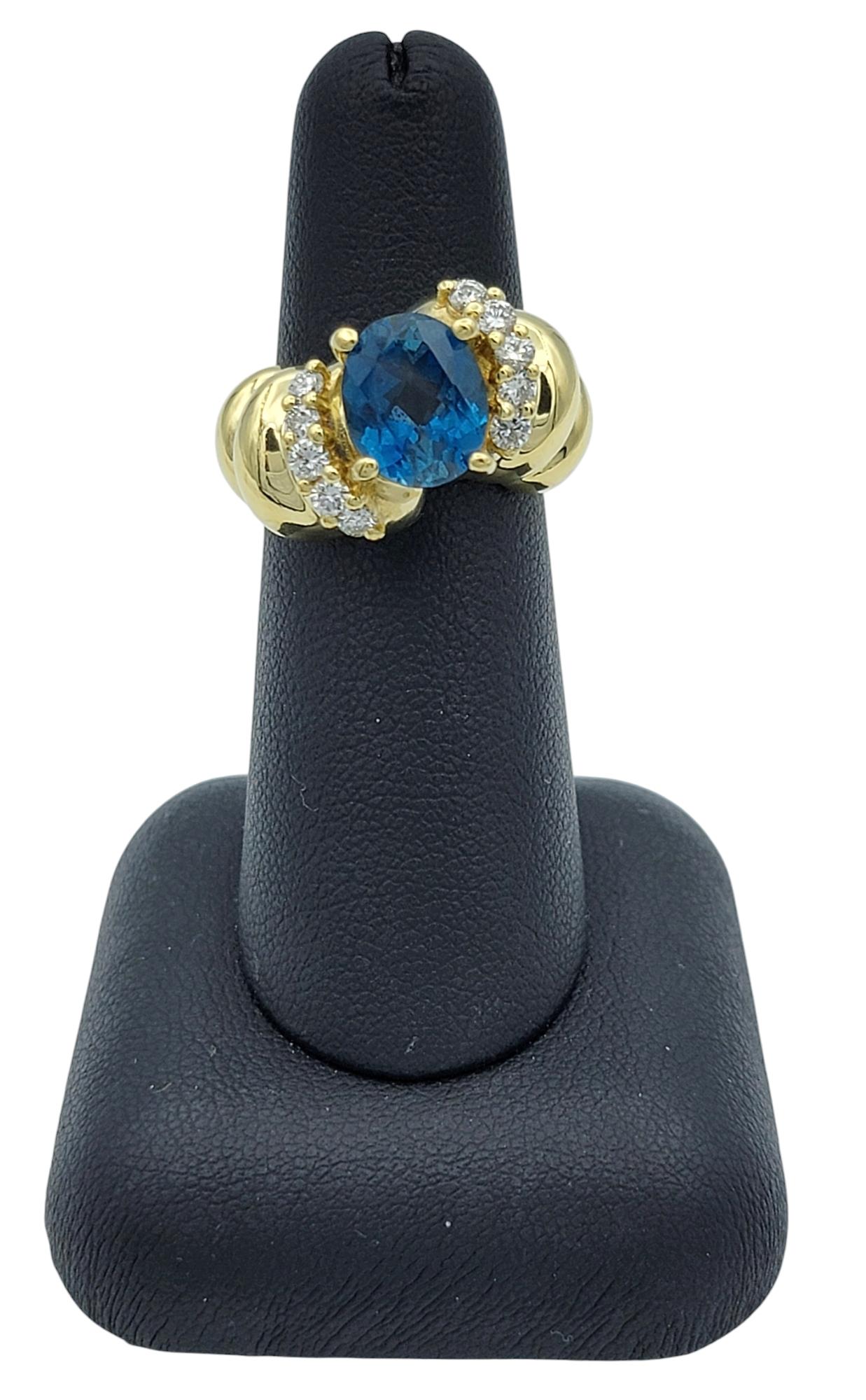 Oval Swiss Blue Topaz and Diamond Chunky Ridged Band Ring 18 Karat Yellow Gold For Sale 4