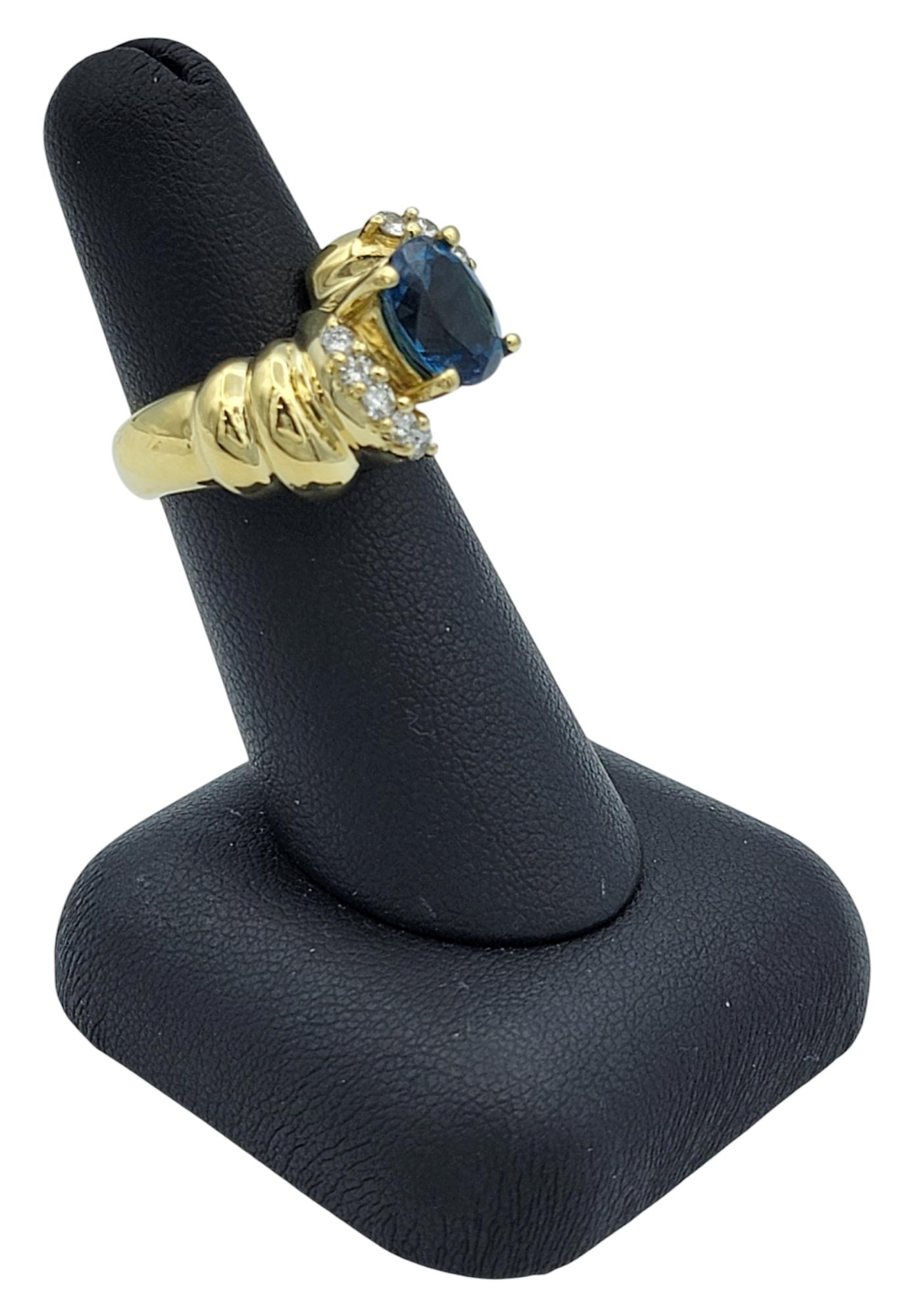 Oval Swiss Blue Topaz and Diamond Chunky Ridged Band Ring 18 Karat Yellow Gold For Sale 5