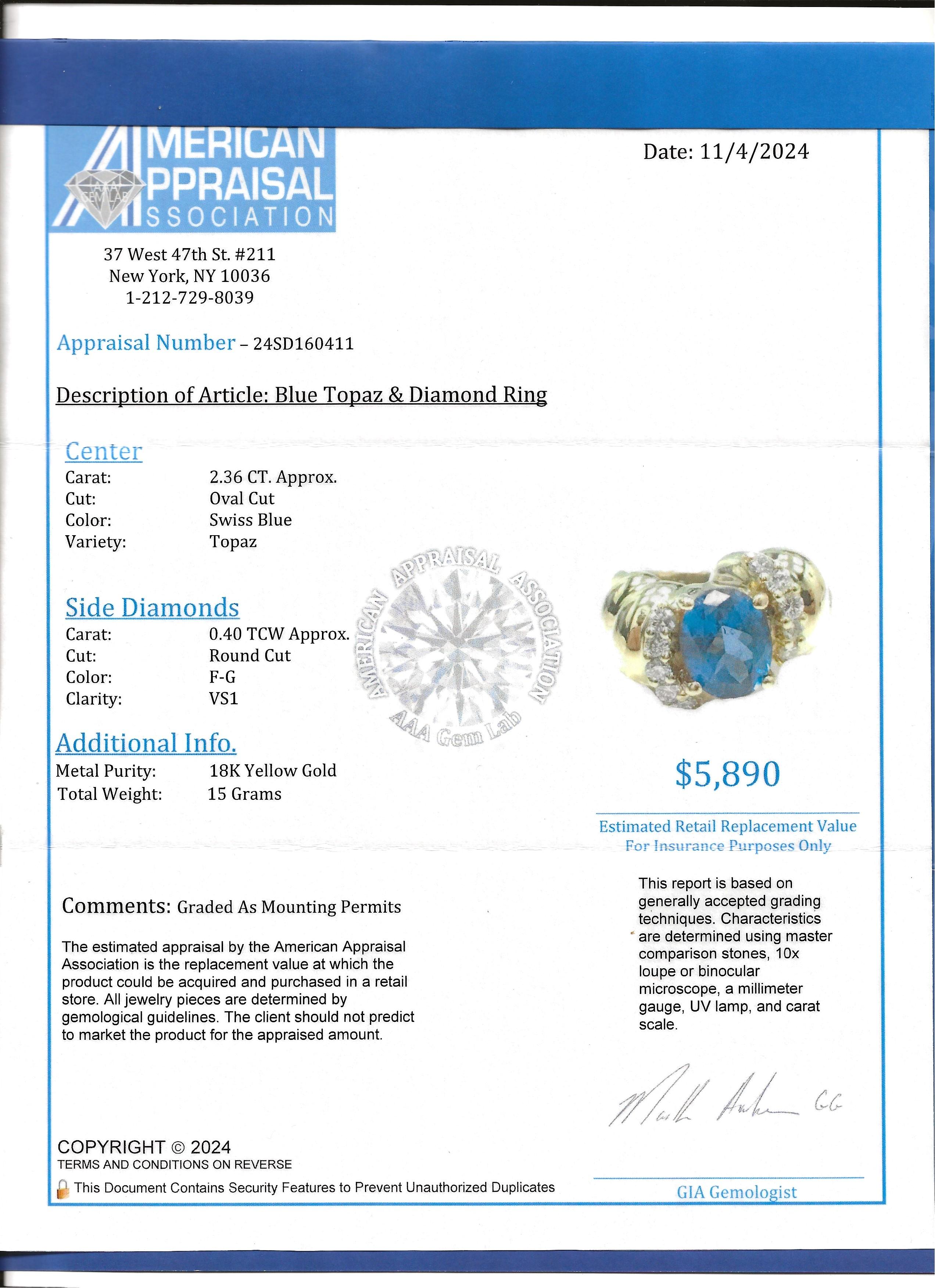 Oval Swiss Blue Topaz and Diamond Chunky Ridged Band Ring 18 Karat Yellow Gold For Sale 6