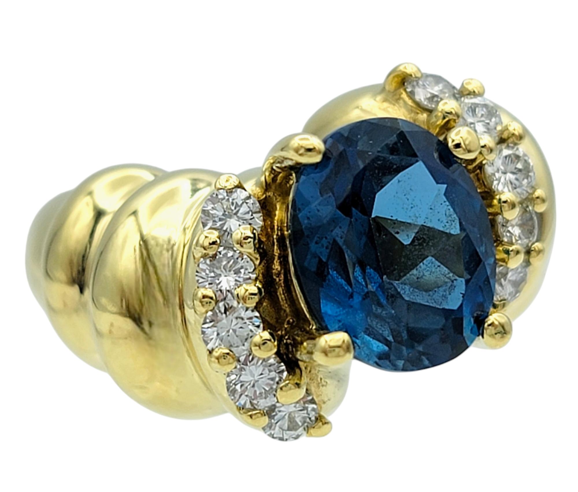 Ring Size: 6.25

Elevate your jewelry collection with this breathtaking ring, featuring a mesmerizing oval cut Swiss blue topaz at its heart. The vibrant hue of the topaz is a captivating focal point, reminiscent of a tranquil azure sky. Flanking
