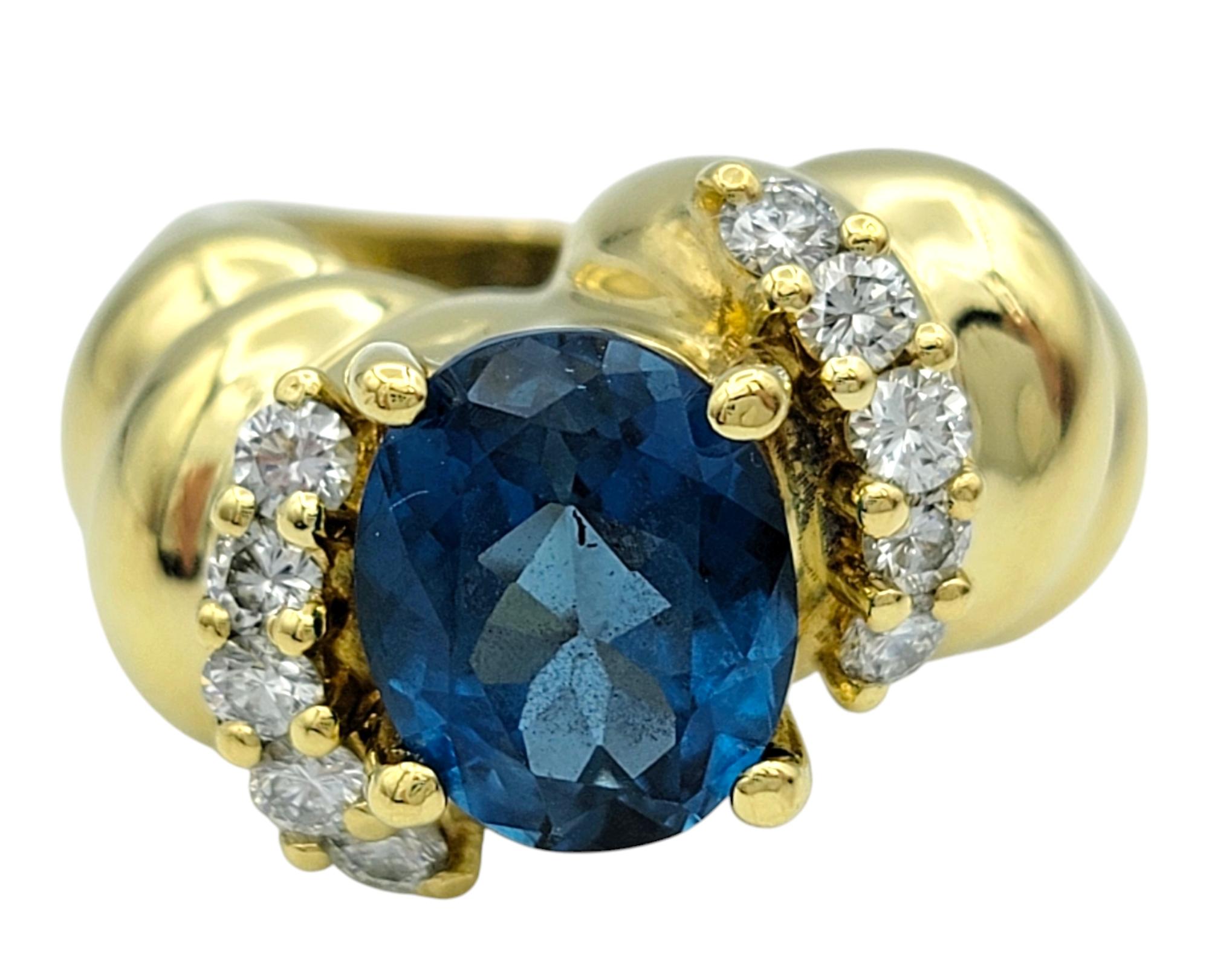 Oval Cut Oval Swiss Blue Topaz and Diamond Chunky Ridged Band Ring 18 Karat Yellow Gold For Sale