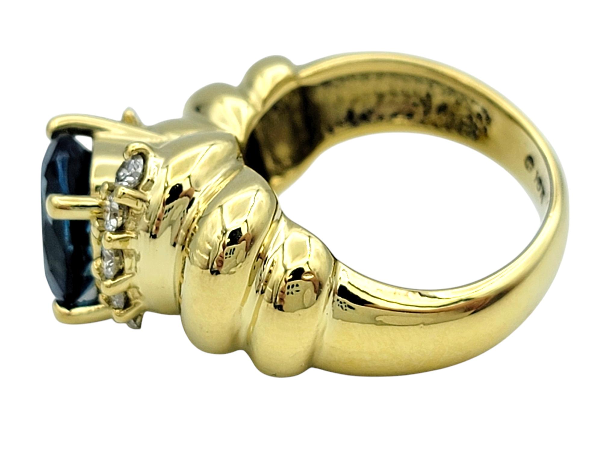 Oval Swiss Blue Topaz and Diamond Chunky Ridged Band Ring 18 Karat Yellow Gold In Good Condition For Sale In Scottsdale, AZ