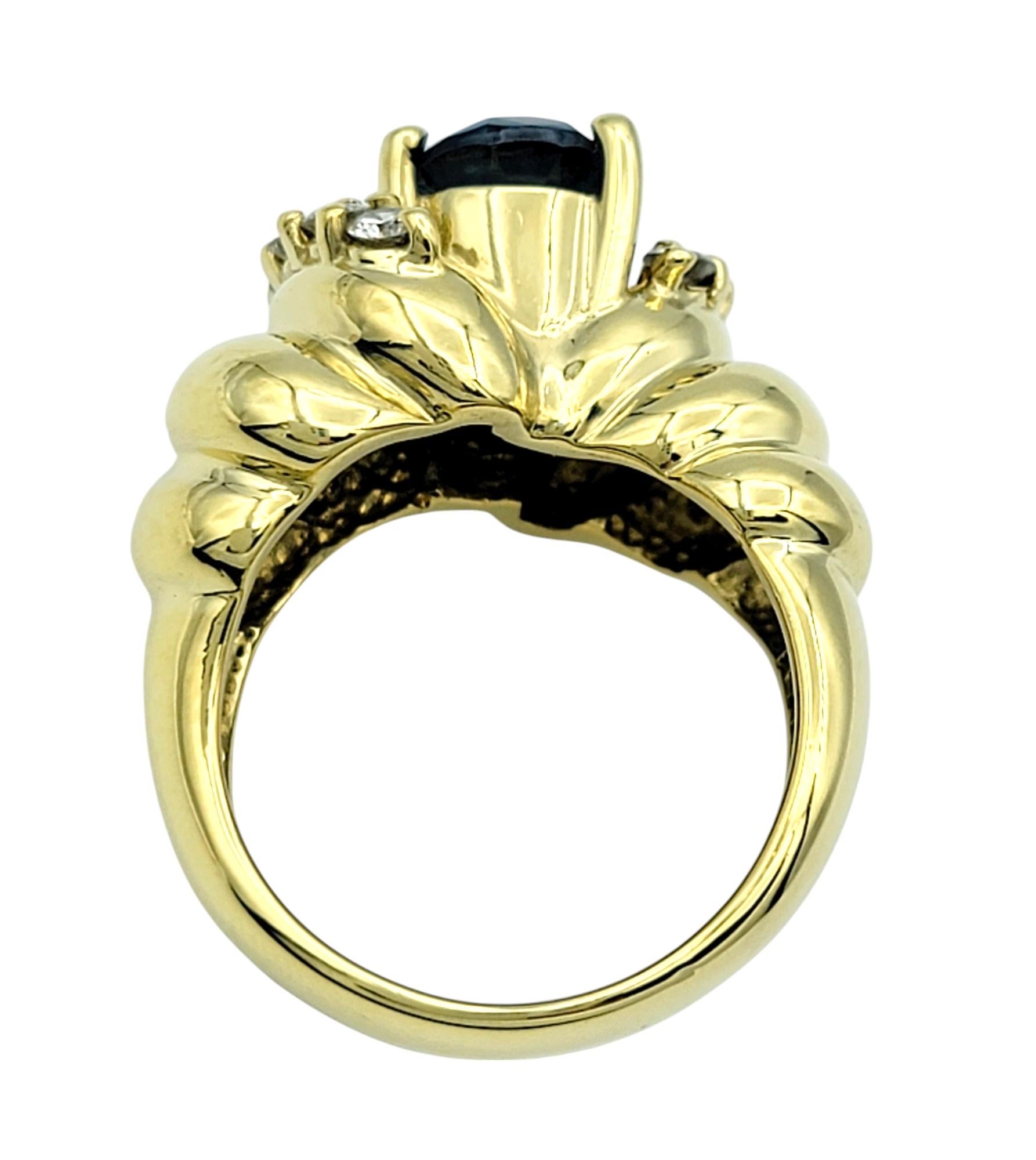 Women's Oval Swiss Blue Topaz and Diamond Chunky Ridged Band Ring 18 Karat Yellow Gold For Sale