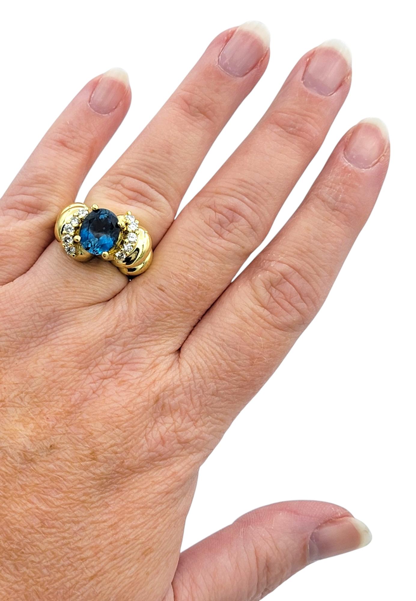 Oval Swiss Blue Topaz and Diamond Chunky Ridged Band Ring 18 Karat Yellow Gold For Sale 2