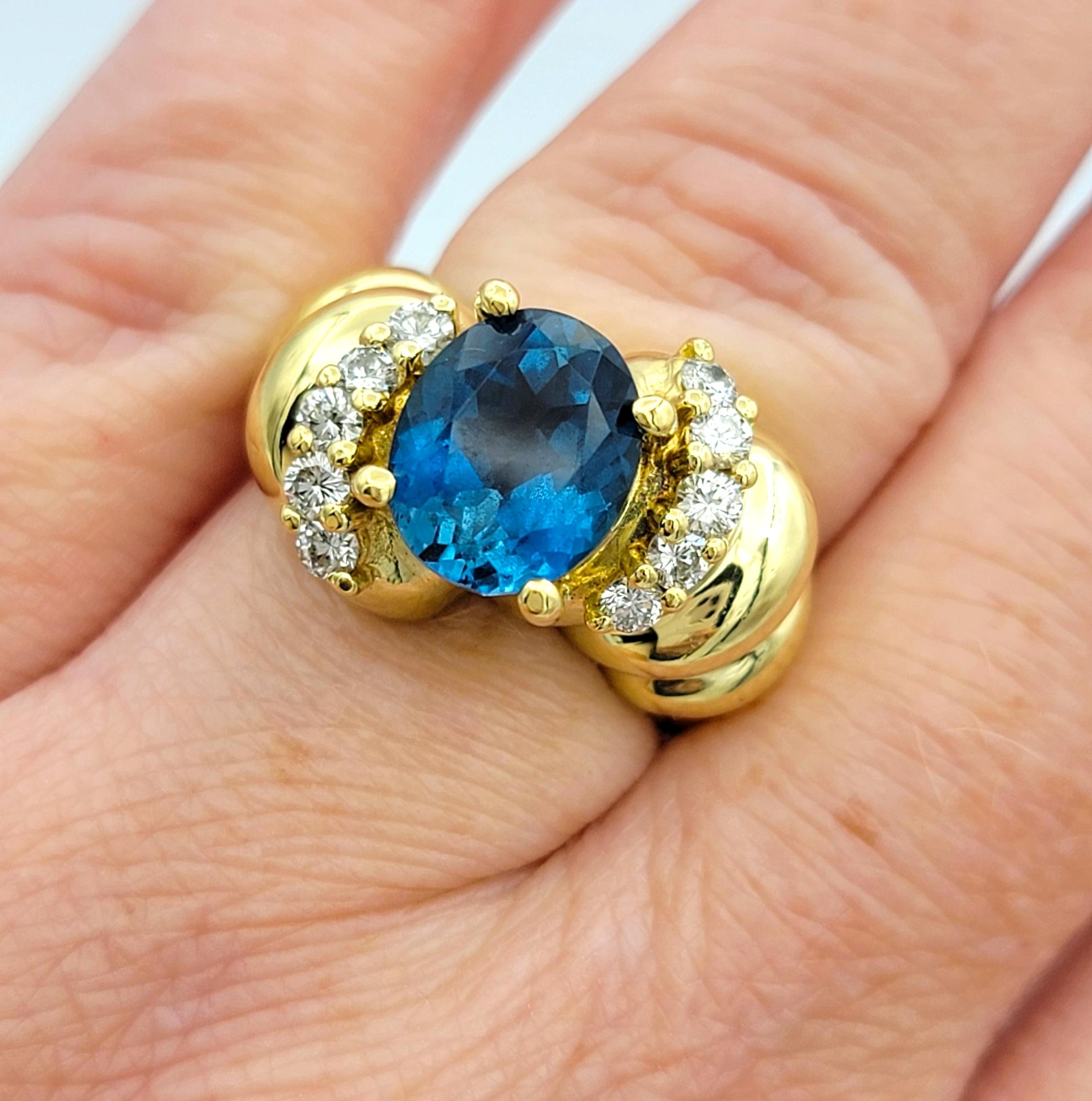 Oval Swiss Blue Topaz and Diamond Chunky Ridged Band Ring 18 Karat Yellow Gold For Sale 3