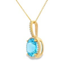 Oval Swiss Blue Topaz and Diamond Pendant in 14K Yellow Gold, 18 Inch
