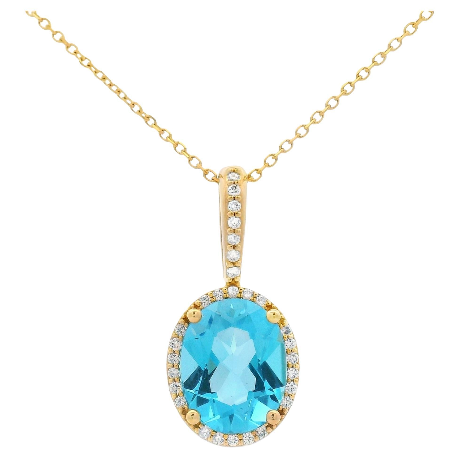 Ovaler Schweizer Blautopas und Diamant-Anhänger aus 14K Gelbgold, 18 Zoll