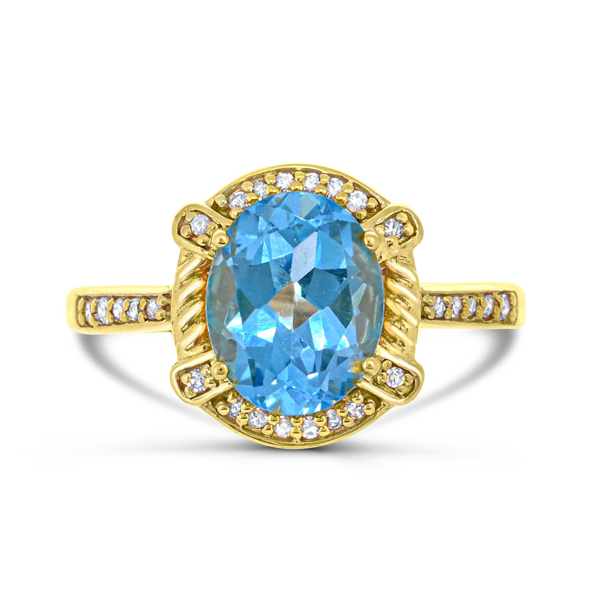 Indulge in the elegance of our Oval Swiss Blue Topaz with Round White Diamond Accented 18K Yellow Gold over Sterling Silver Ring. Crafted with meticulous attention to detail, this ring boasts a stunning combination of oval Swiss blue topaz accented