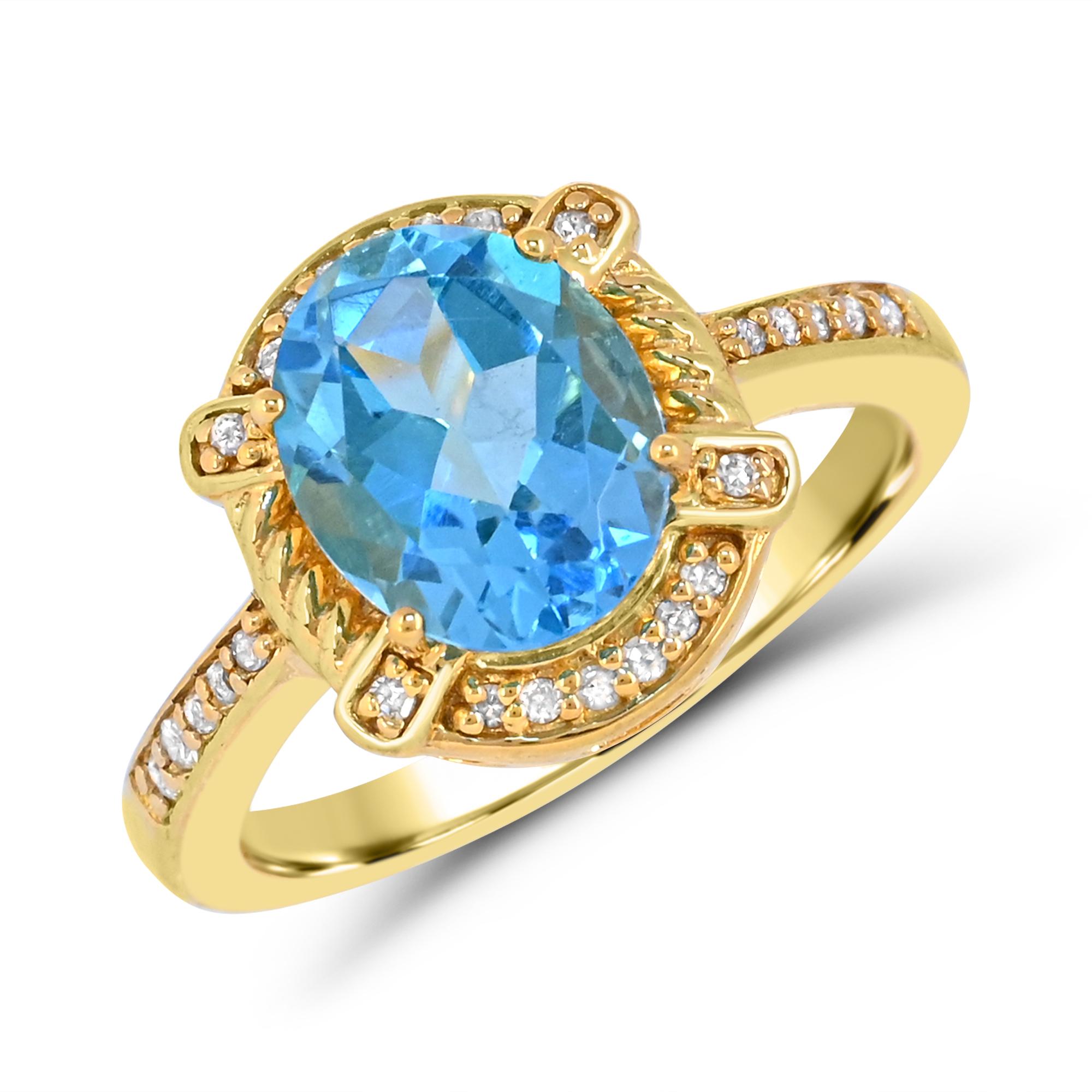 Contemporary 3-1/4 ct. Blue Topaz & Diamond Accent 18K Yellow Gold over Sterling Silver Ring For Sale