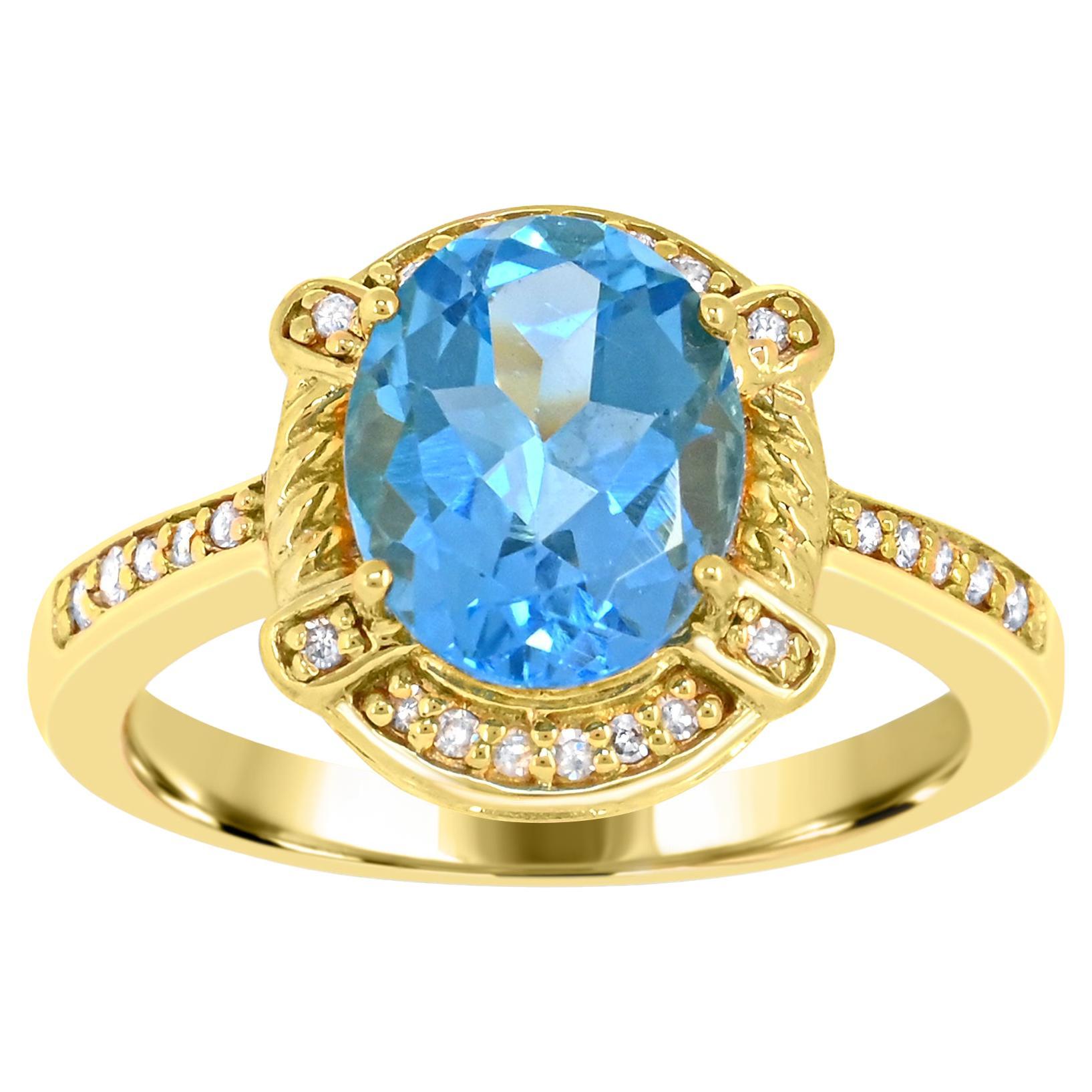 3-1/4 ct. Bague en or jaune 18 carats sur argent sterling avec topaze bleue et diamants accentués