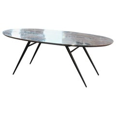 Oval Table Coffee Midcentury Italian Design Iron Foot Marble Top, 1950s