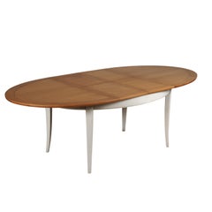 Oval Table in Solid Oak, 2 Extensions, Chestnut Stained & Pearl-Grey Lacquered