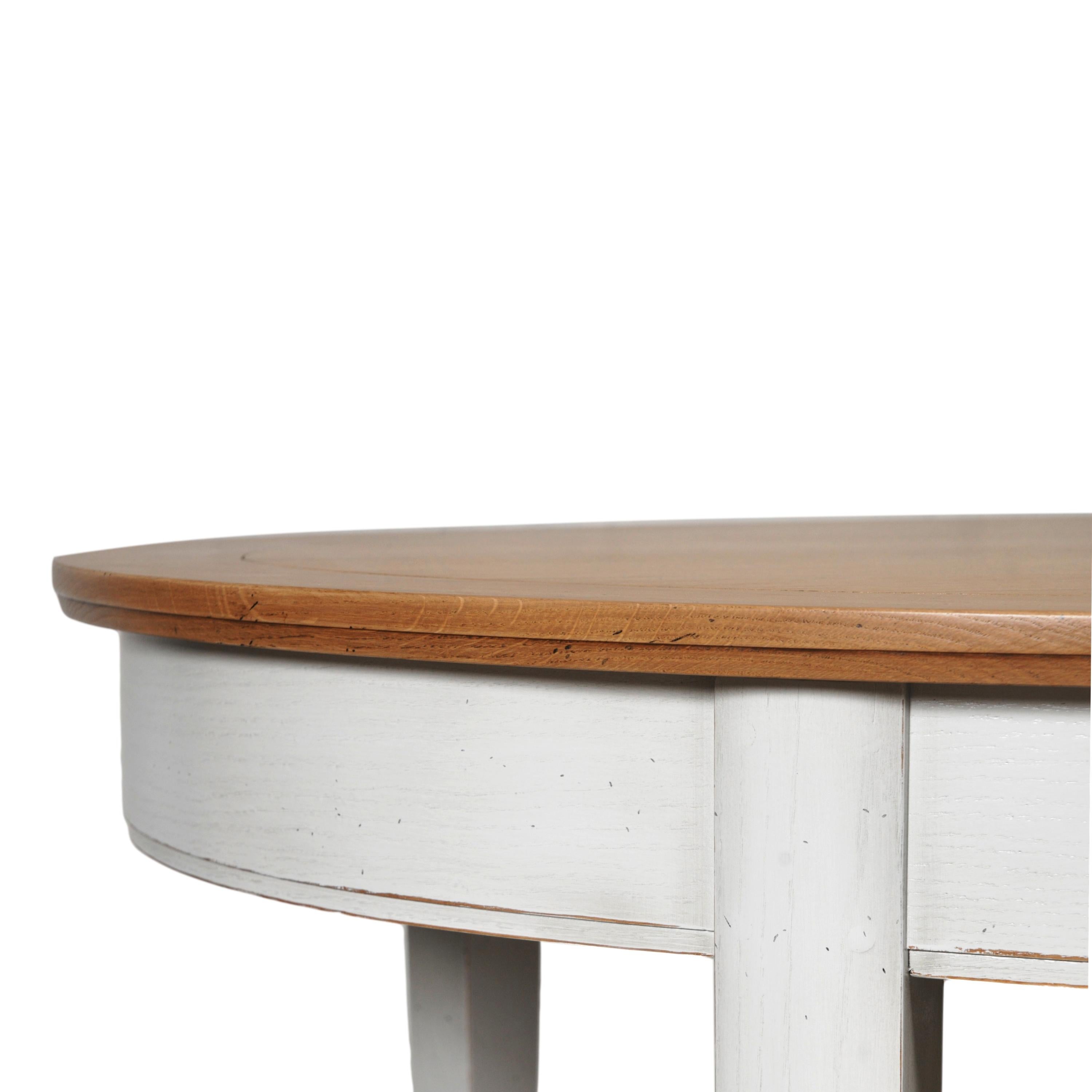 French Oval Table in Solid Oak, 2 Extensions, Chestnut Stained & Pearl-Grey Lacquered For Sale