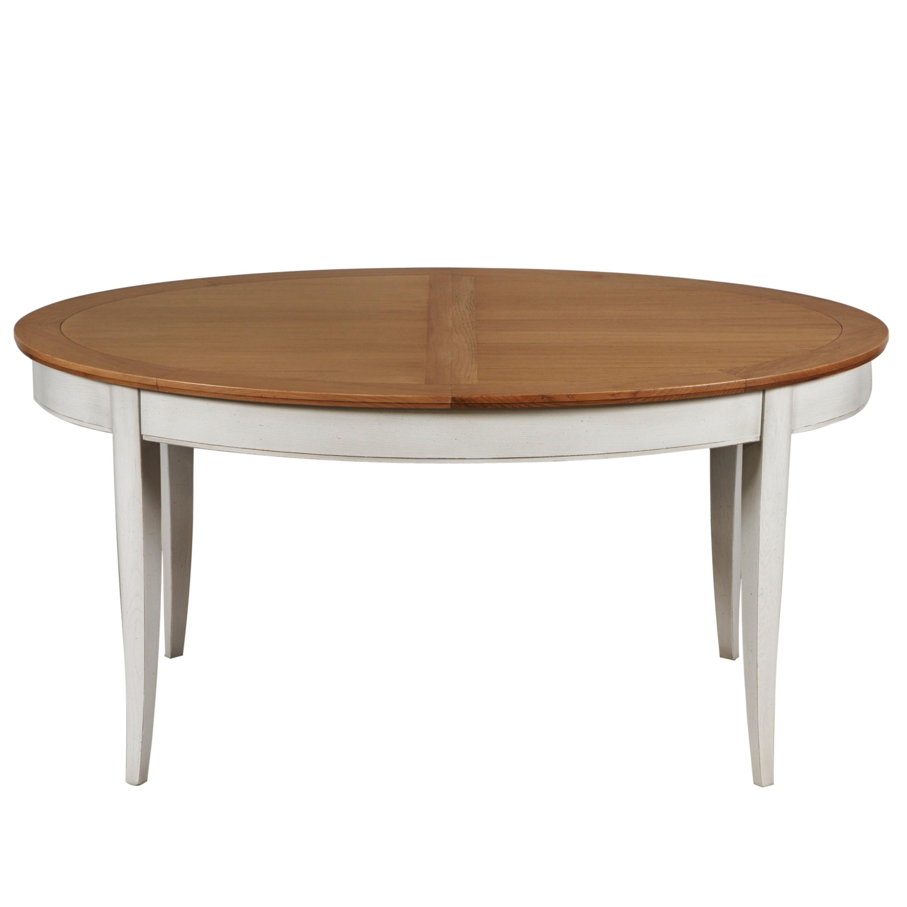 Hand-Crafted Oval Table in Solid Oak, 2 Extensions, Chestnut Stained & Pearl-Grey Lacquered For Sale