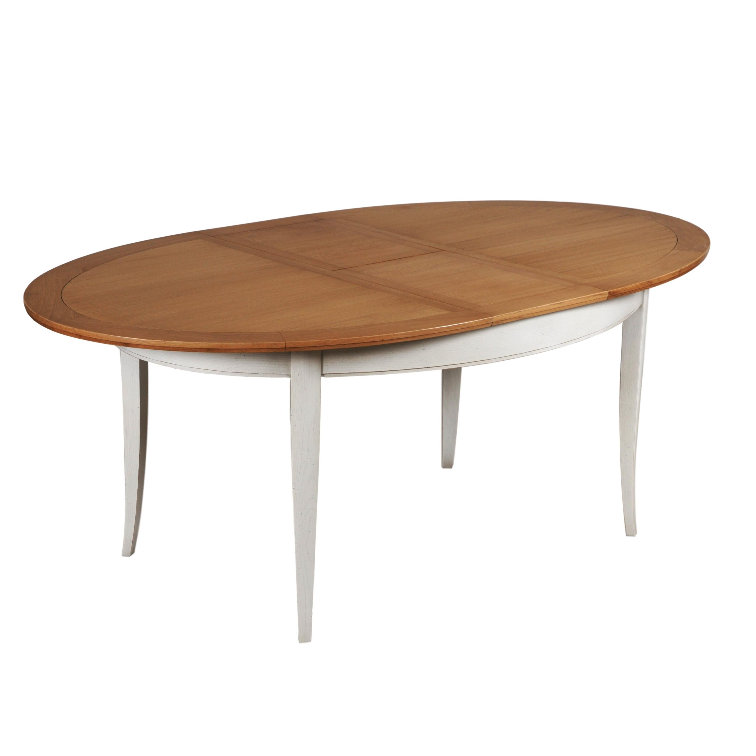 Contemporary Oval Table in Solid Oak, 2 Extensions, Chestnut Stained & Pearl-Grey Lacquered For Sale