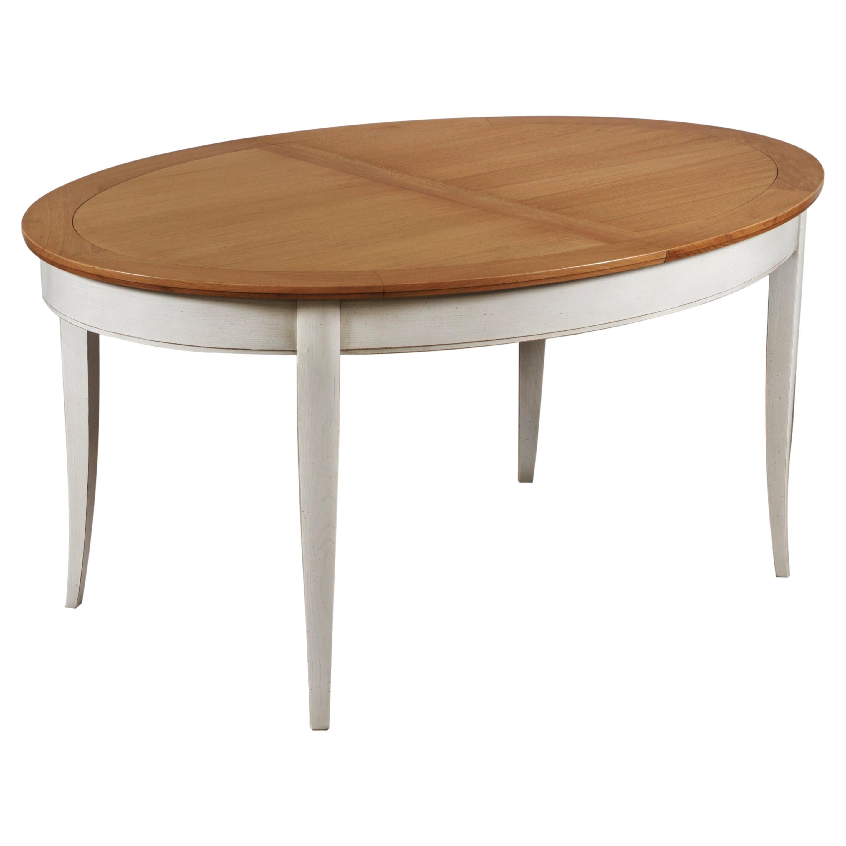 Oval Table in Solid Oak, 2 Extensions, Chestnut Stained & Pearl-Grey Lacquered For Sale