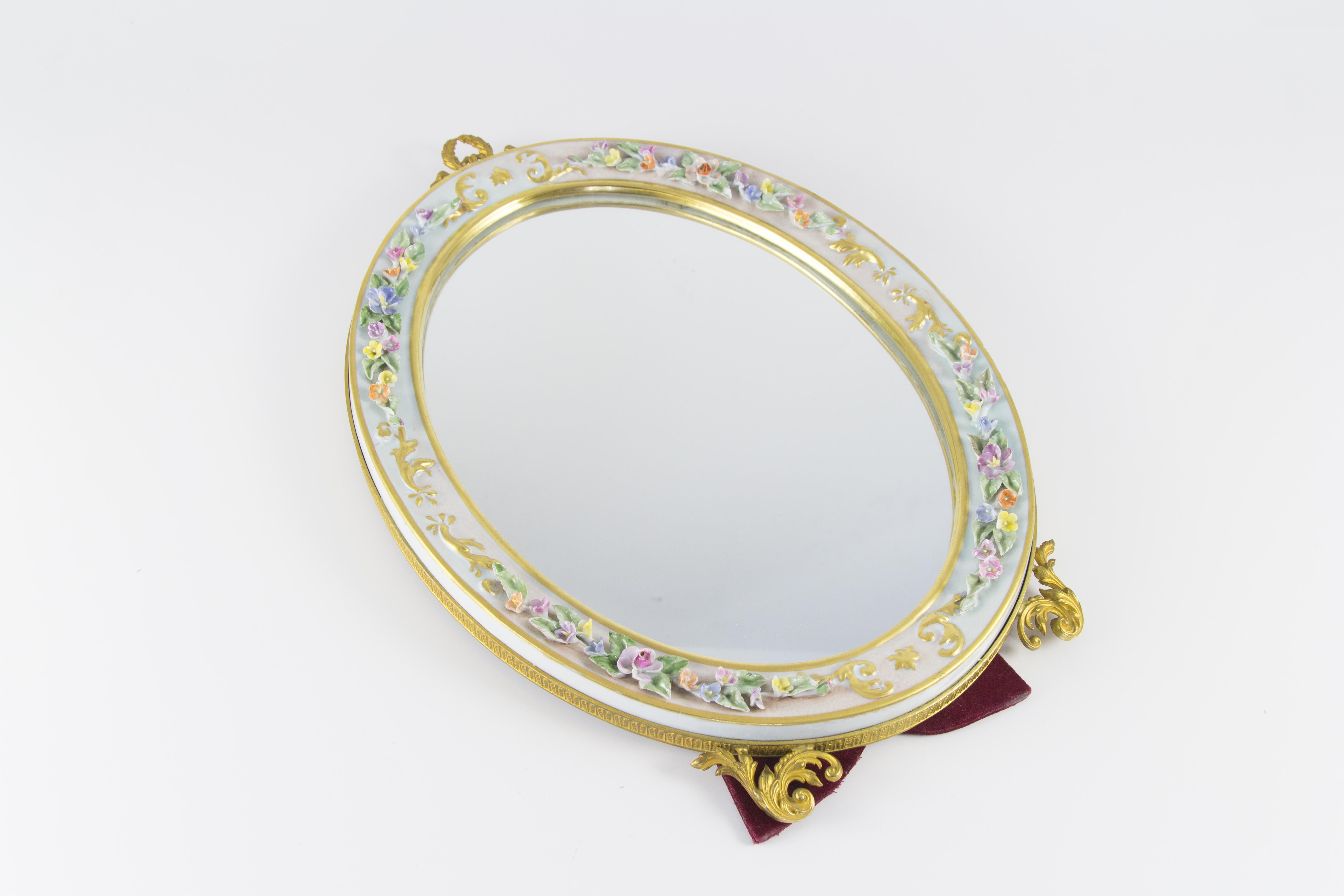 Metal Oval Table Mirror with Floral Porcelain Frame, Italy, 1950s For Sale