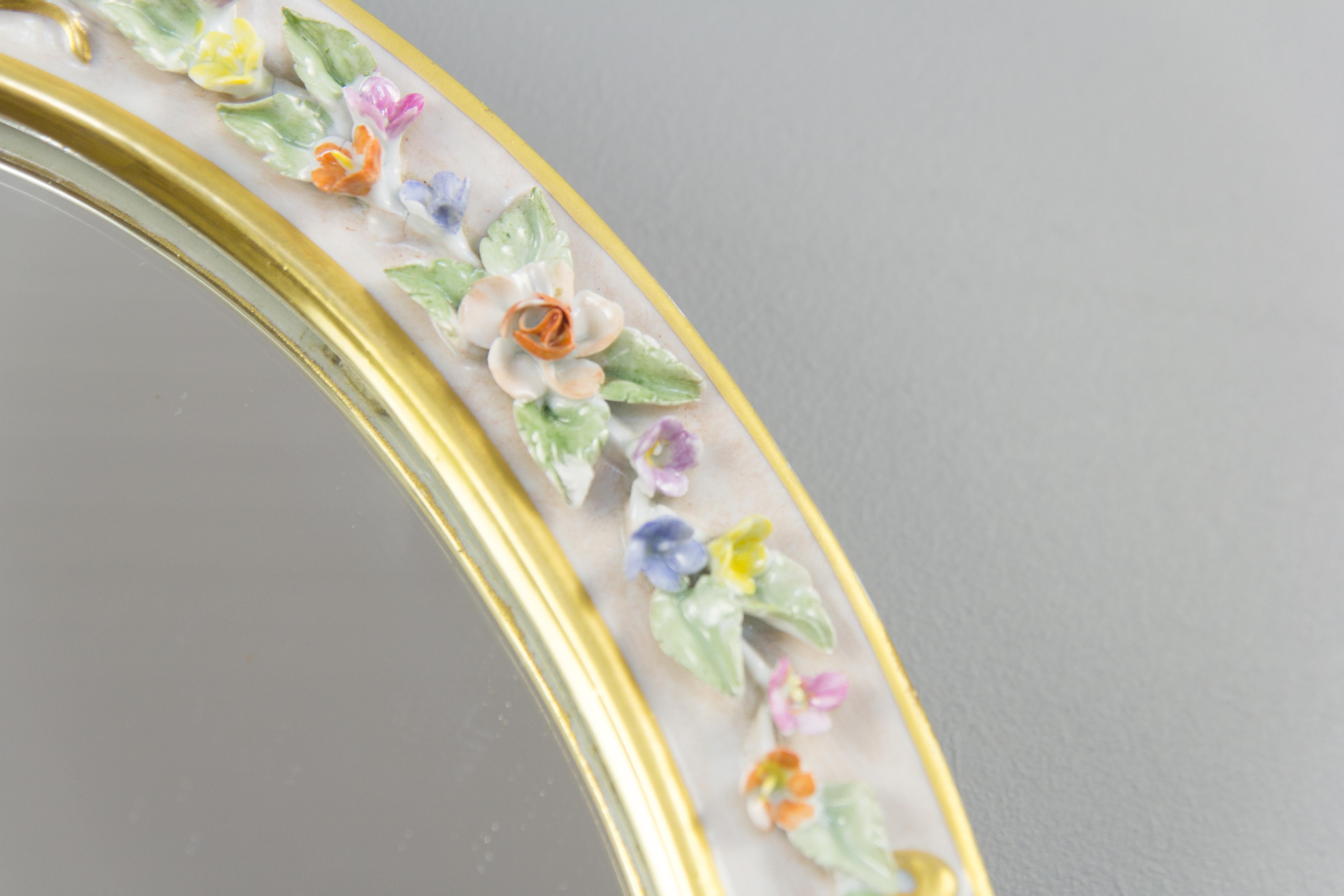 Oval Table Mirror with Floral Porcelain Frame, Italy, 1950s For Sale 3