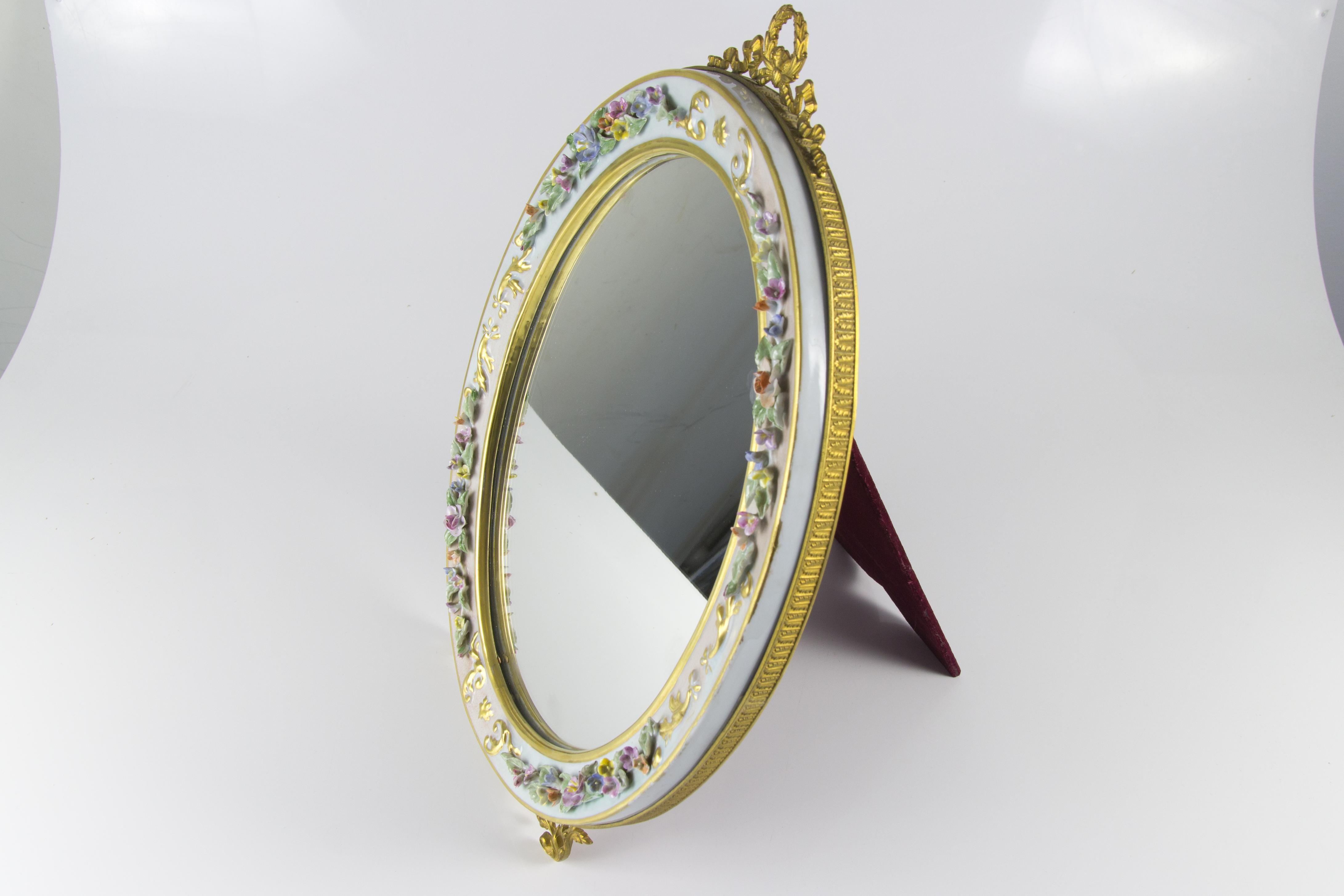 Oval Table Mirror with Floral Porcelain Frame, Italy, 1950s For Sale 9