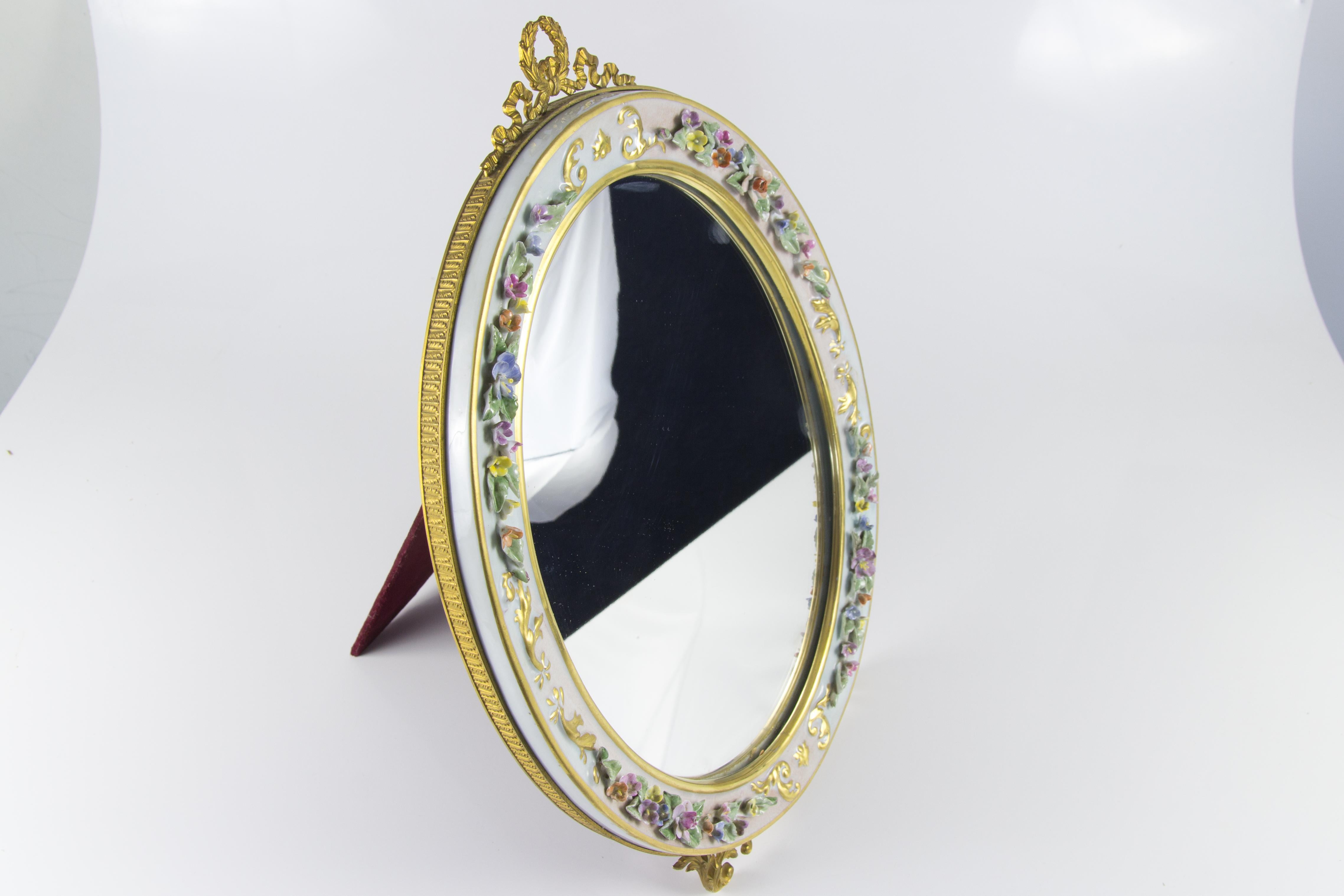 Oval Table Mirror with Floral Porcelain Frame, Italy, 1950s For Sale 10