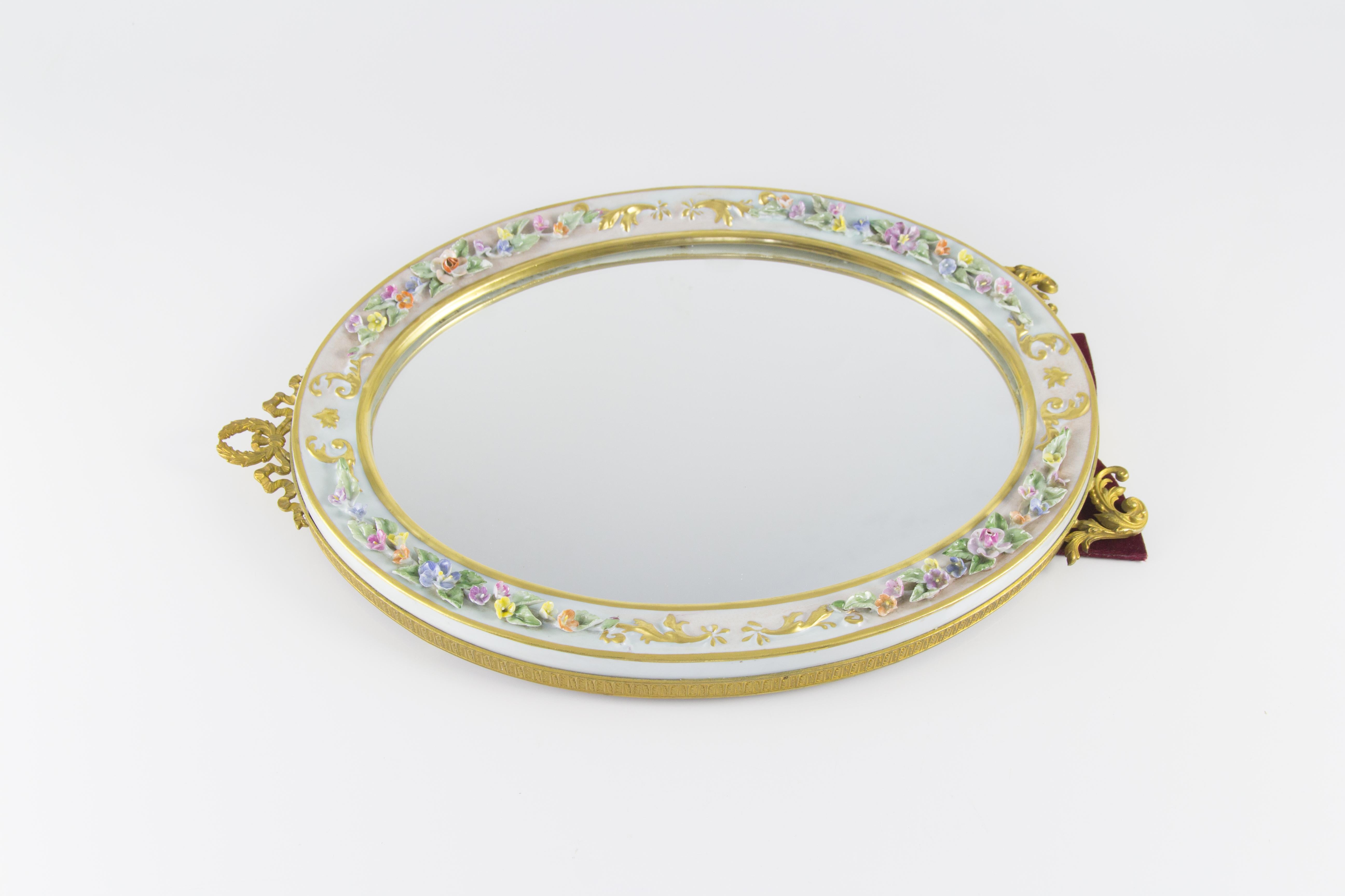 Louis XVI Oval Table Mirror with Floral Porcelain Frame, Italy, 1950s For Sale