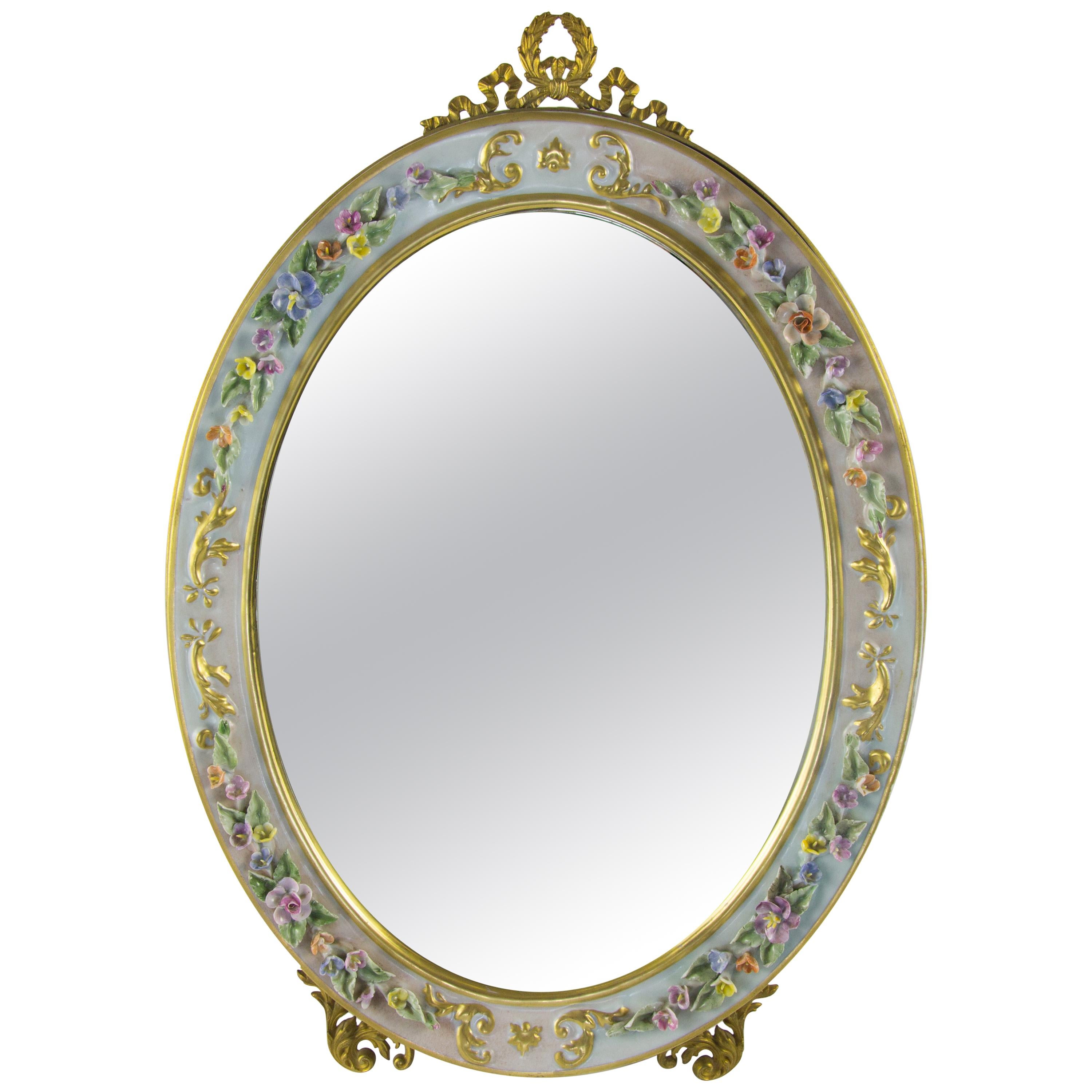 Oval Table Mirror with Floral Porcelain Frame, Italy, 1950s For Sale