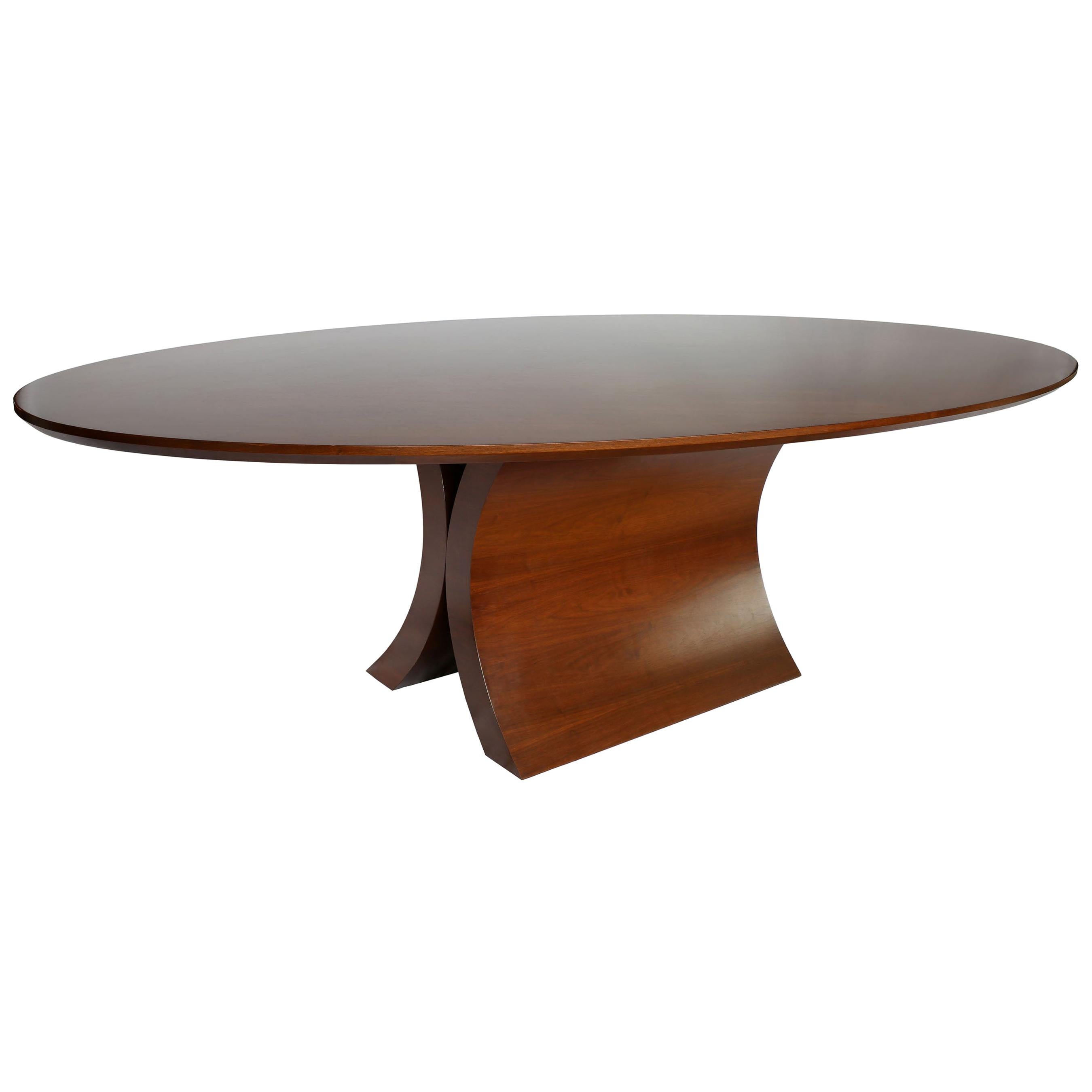 Oval Table with Curved Base Fine-Grain Subtle Diamond Pattern Handcrafted For Sale