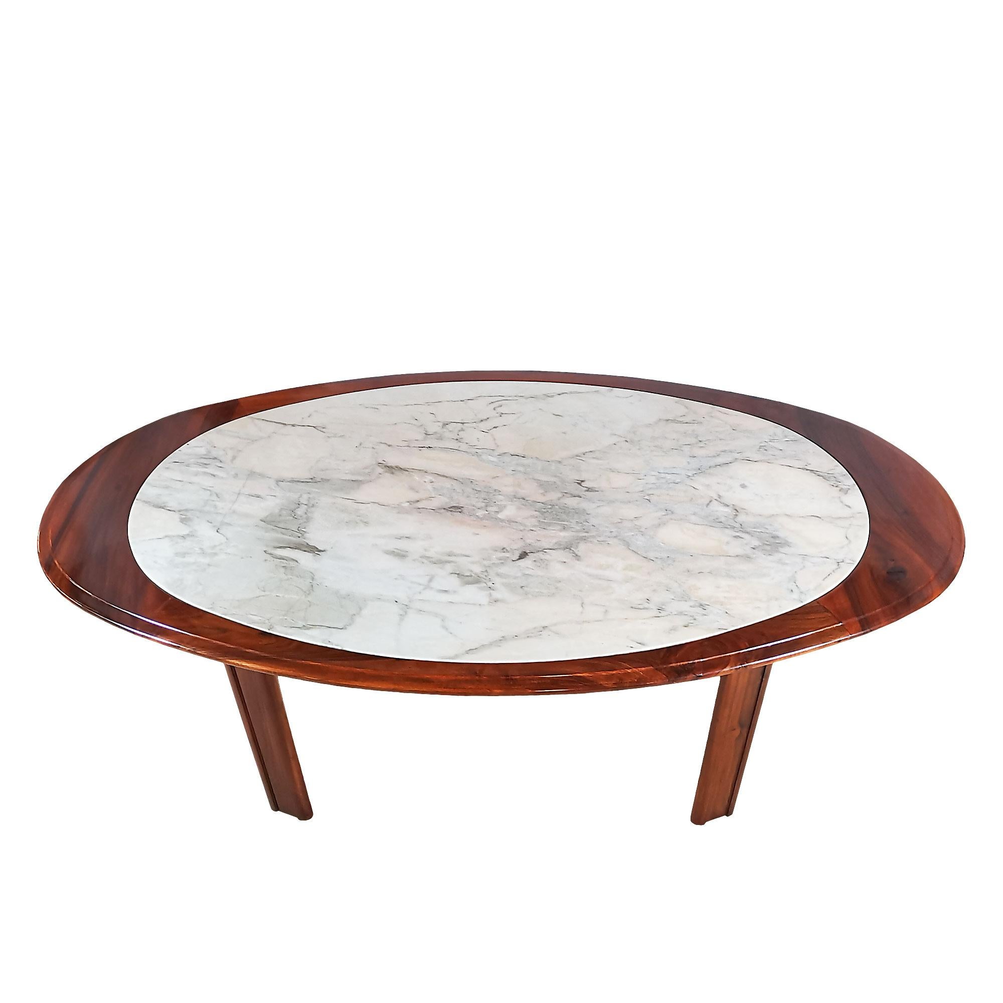 Polished Modern Oval Table in Solid Walnut with Marble Top - Italy, 1970 For Sale