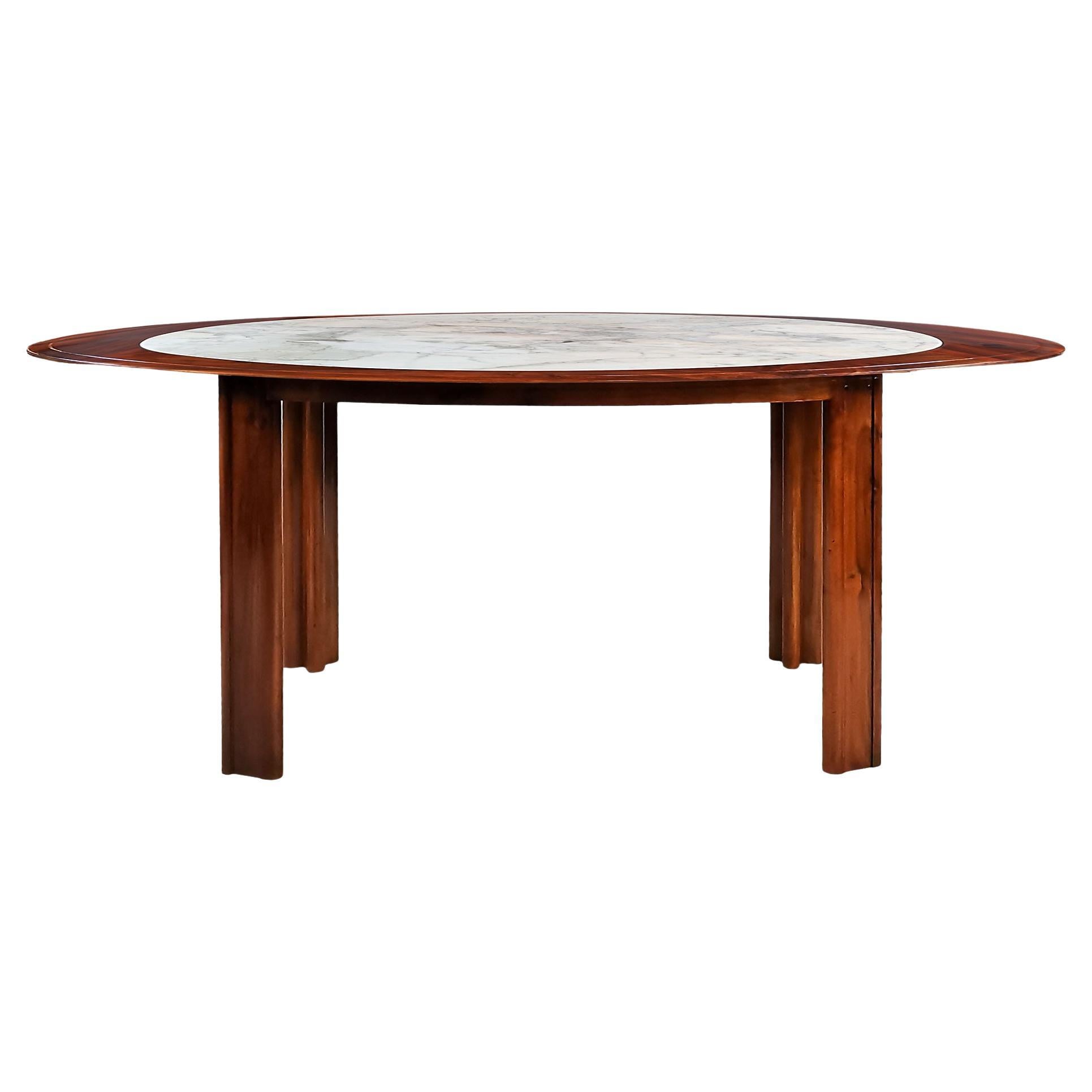 Modern Oval Table in Solid Walnut with Marble Top - Italy, 1970