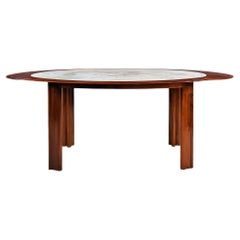 Modern Oval Table in Solid Walnut with Marble Top - Italy, 1970