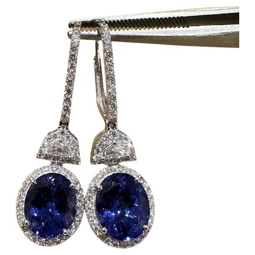 Oval Tanzanite and Diamond Drop Earrings in 18k White Gold