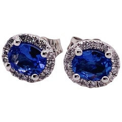 Oval Tanzanite Halo Diamond Earrings 14K Gold December Birthstone