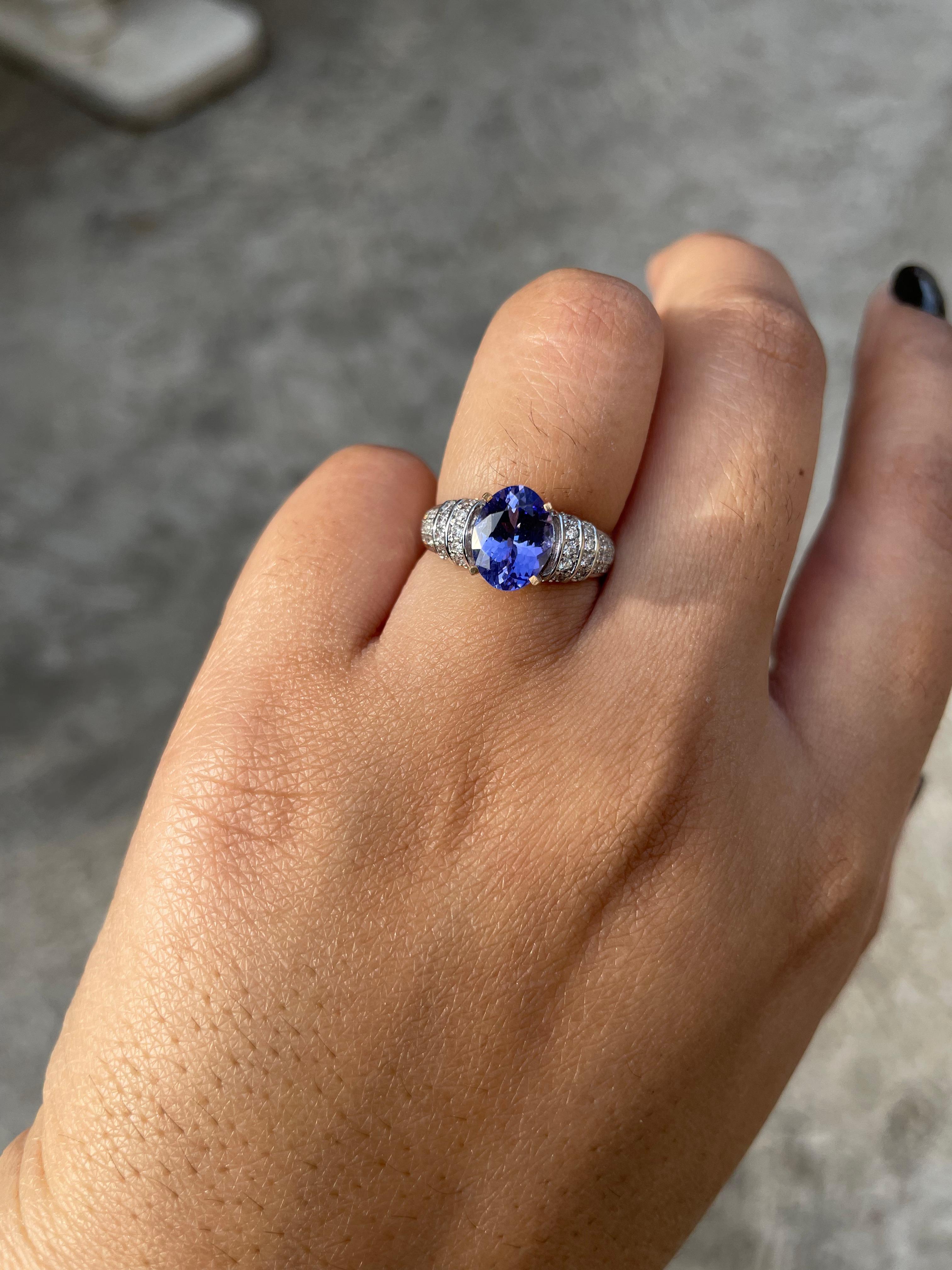 For Sale:  Oval Tanzanite and Diamond Ring in 18k Solid White Gold 10