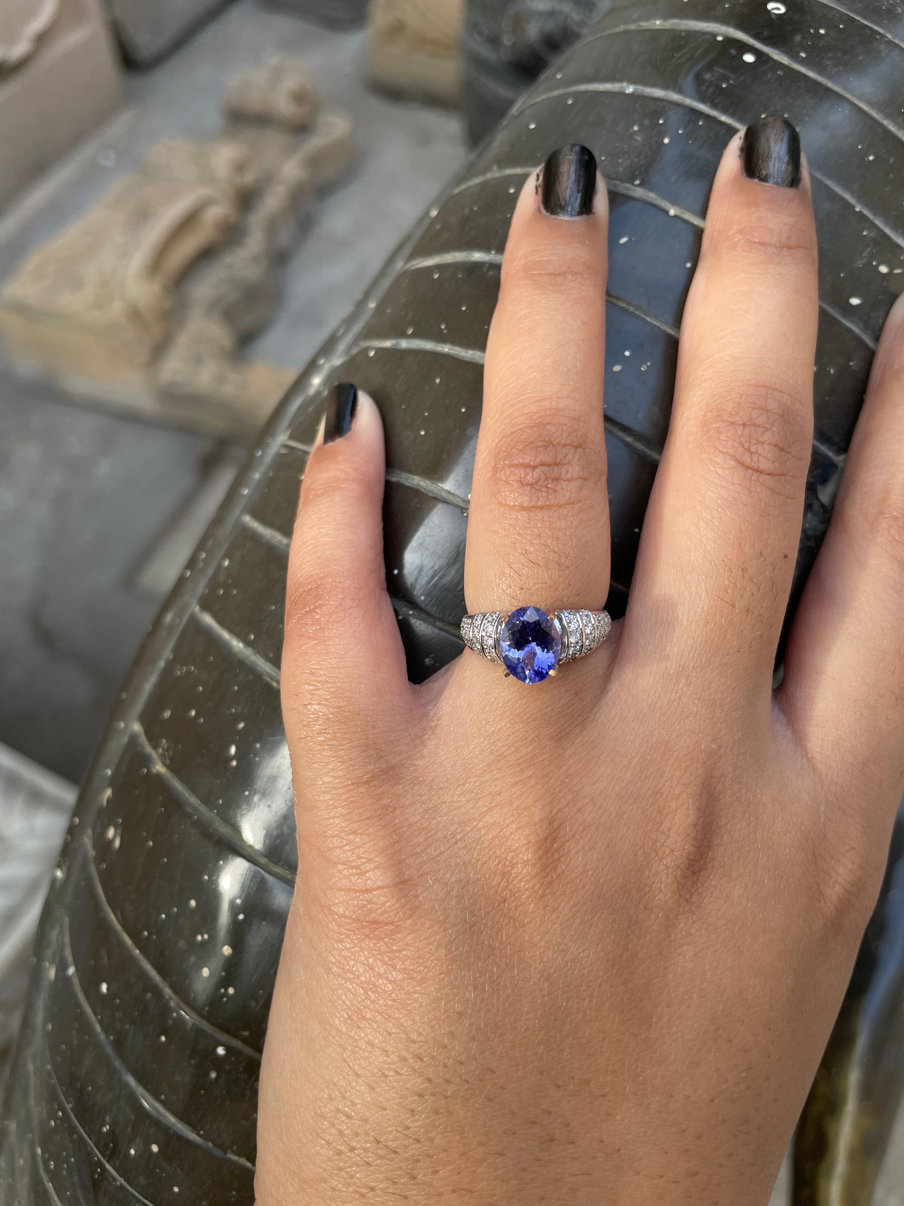 For Sale:  Oval Tanzanite and Diamond Ring in 18k Solid White Gold 11