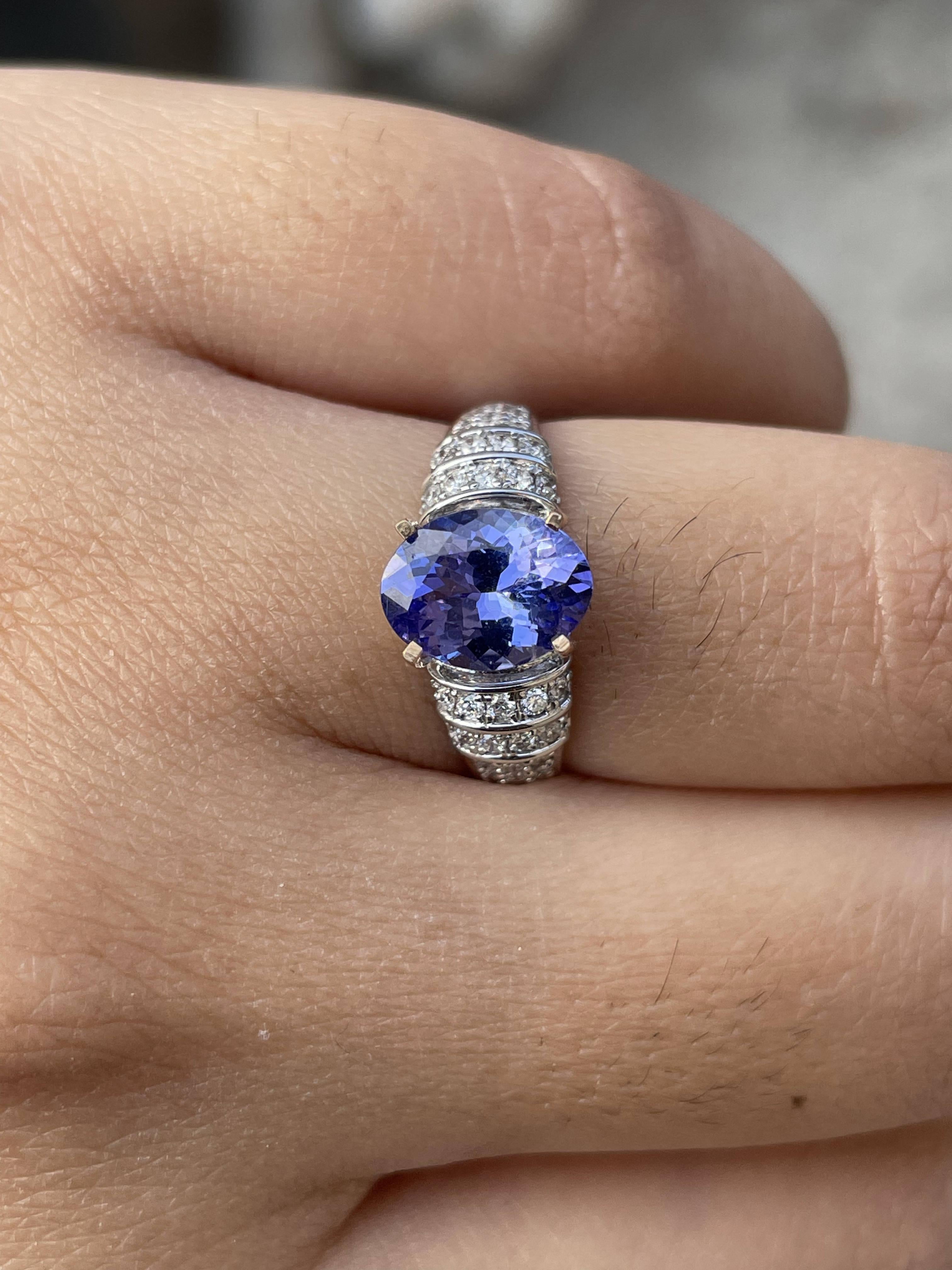 For Sale:  Oval Tanzanite and Diamond Ring in 18k Solid White Gold 6